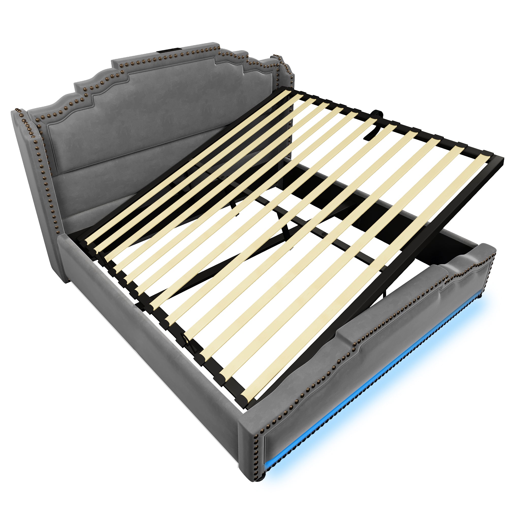 Upholstered Bed 140x200, Hydraulic Storage, LED, USB-C, Velvet Grey