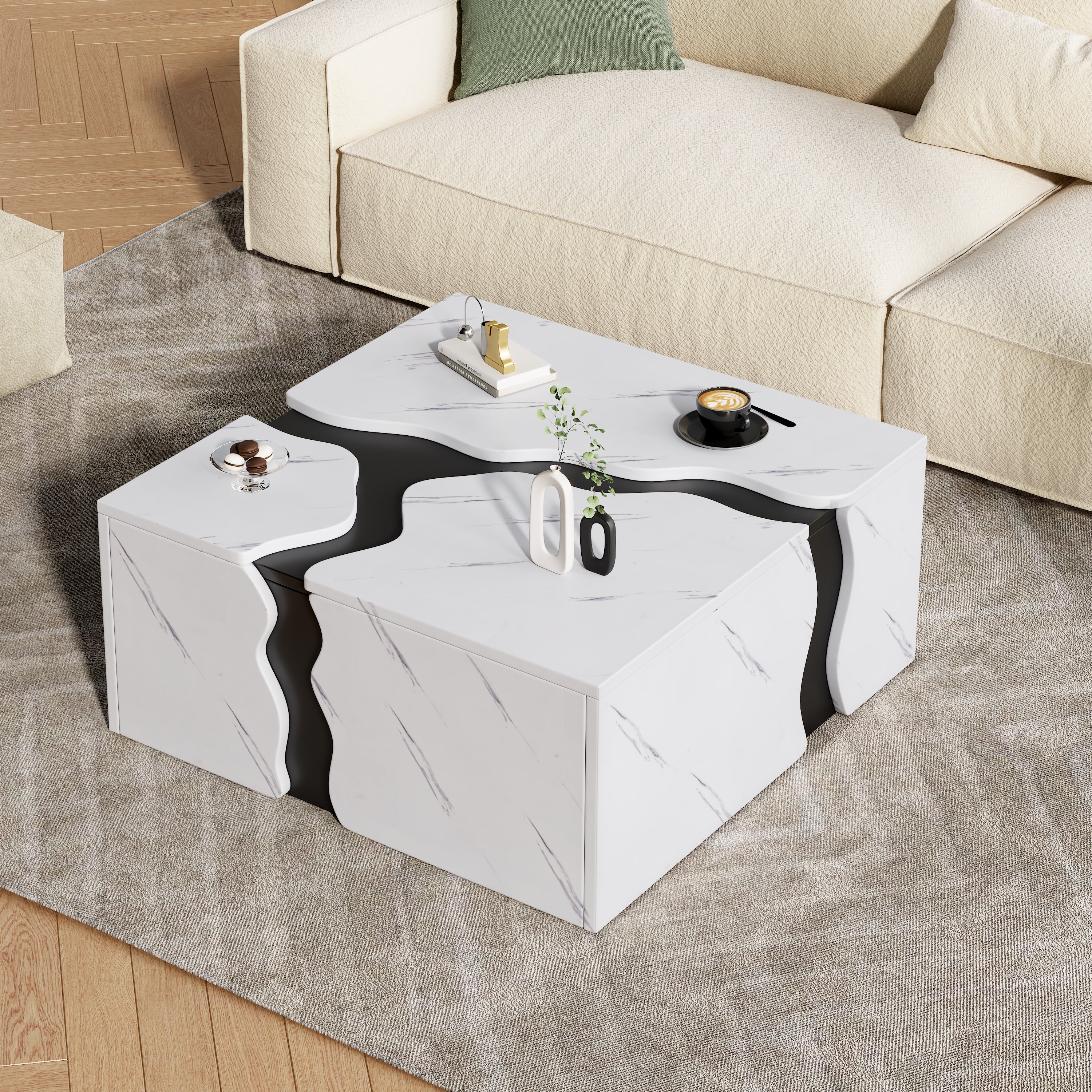 Living Room Coffee Table 70x70x31cm Cube Design Drawer Storage Marble Veneer