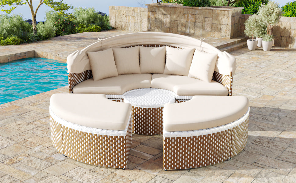 Sun Island Garden Lounge Set Rattan Extendable Canopy Liftable Table Beige