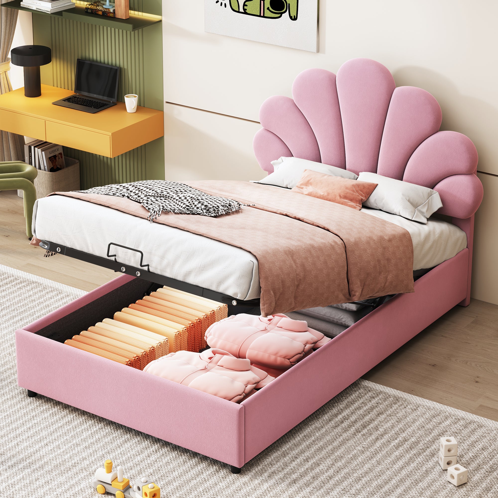 Upholstered Children's Bed 90 x 200 cm, Floral Headboard, Hydraulic Storage, Pink Velvet