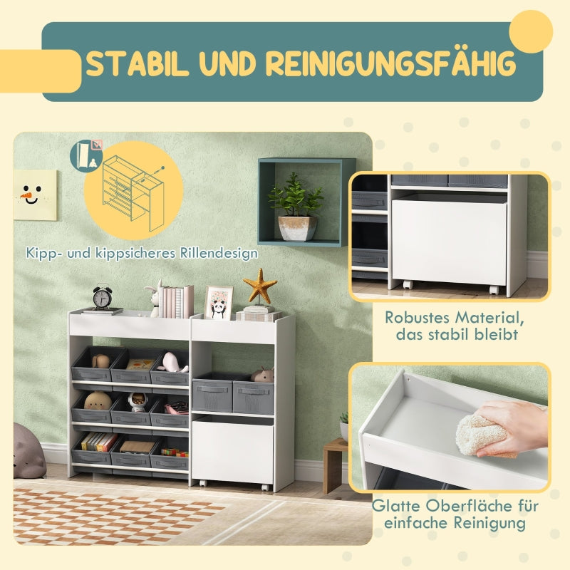 Children's Storage Shelf 11 Fabric Boxes Top Compartments - White