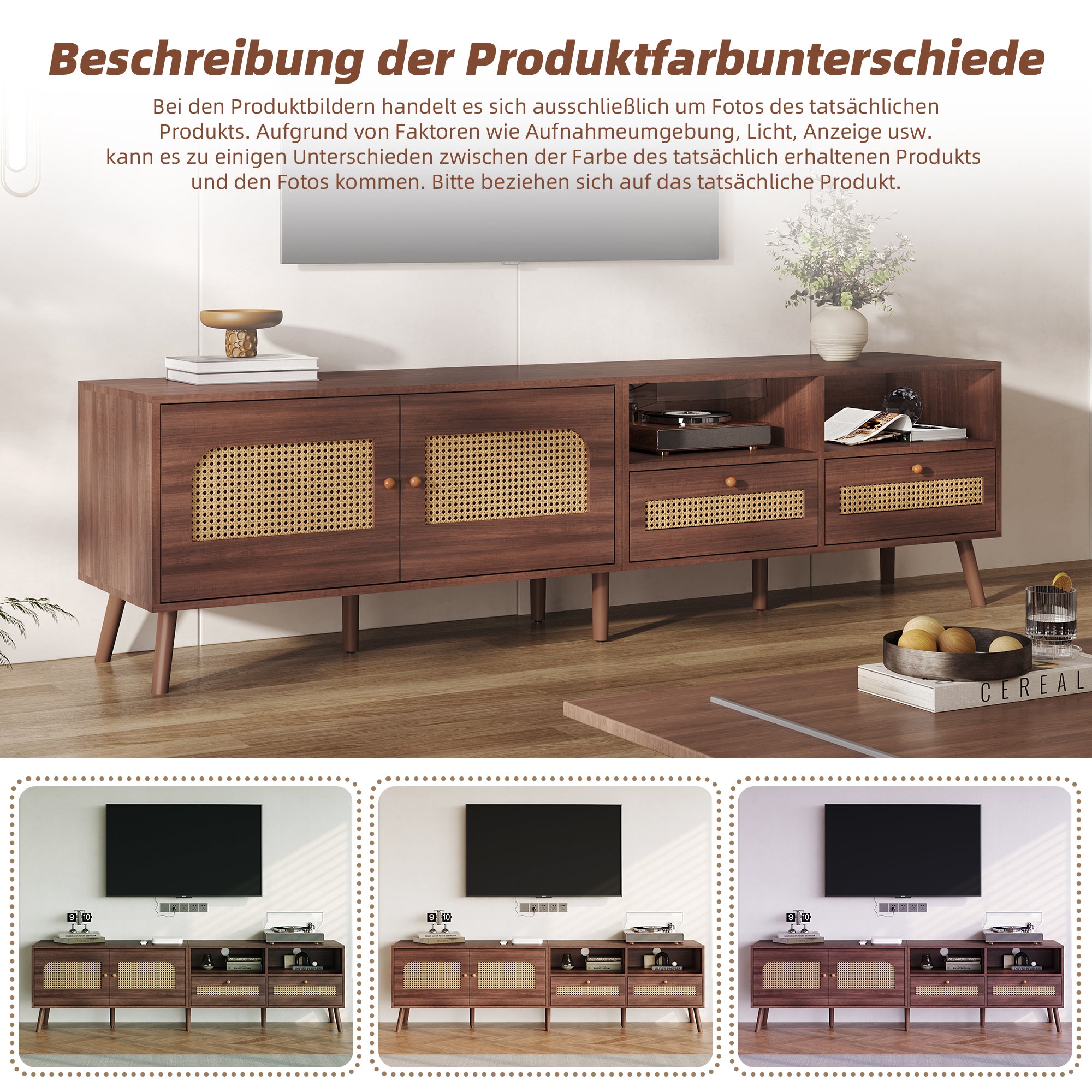 TV Cabinet, 80-inch with Rattan Doors & Drawers, Brown