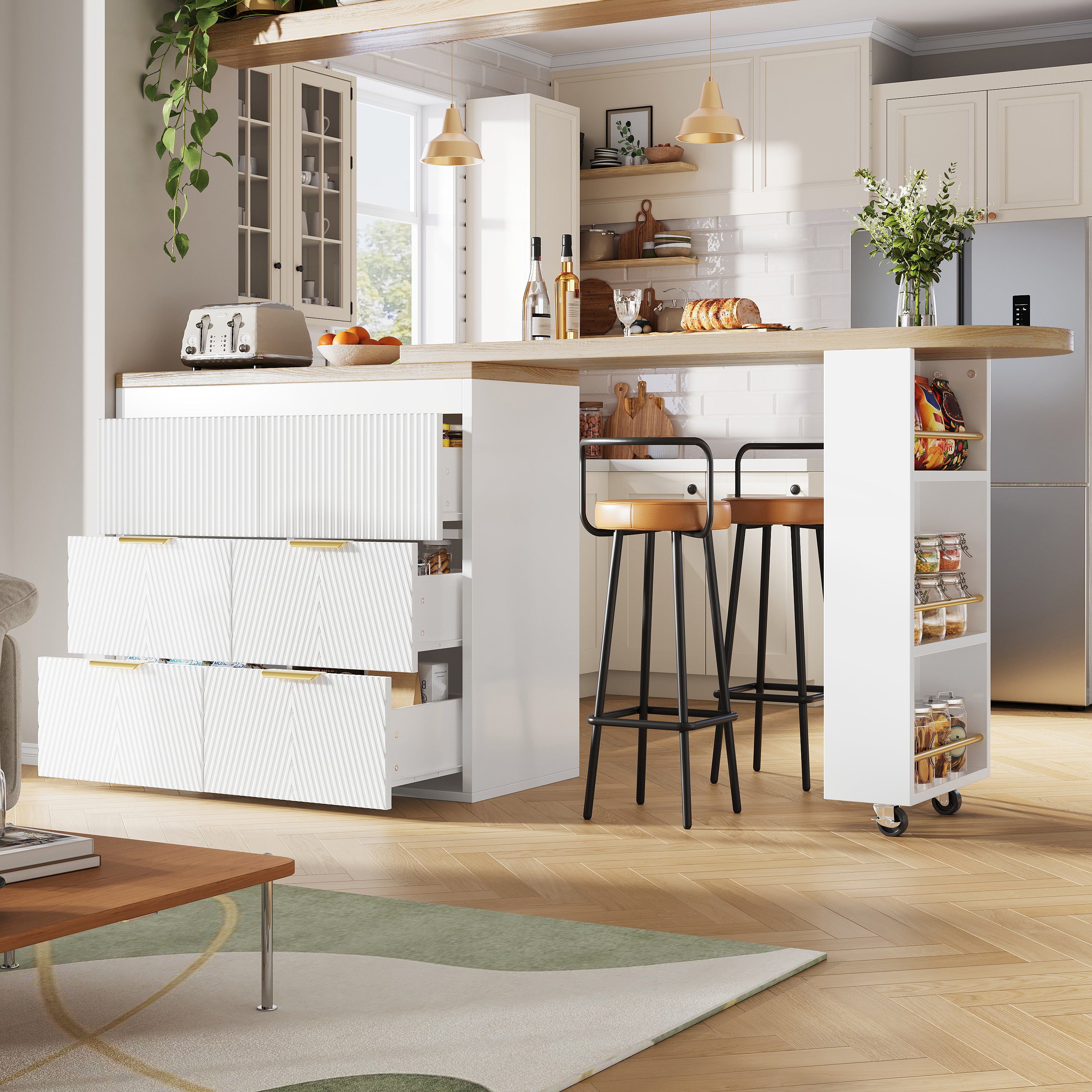 Multifunctional Bar Table with 6 Drawers and 360 Degree Rotation, White