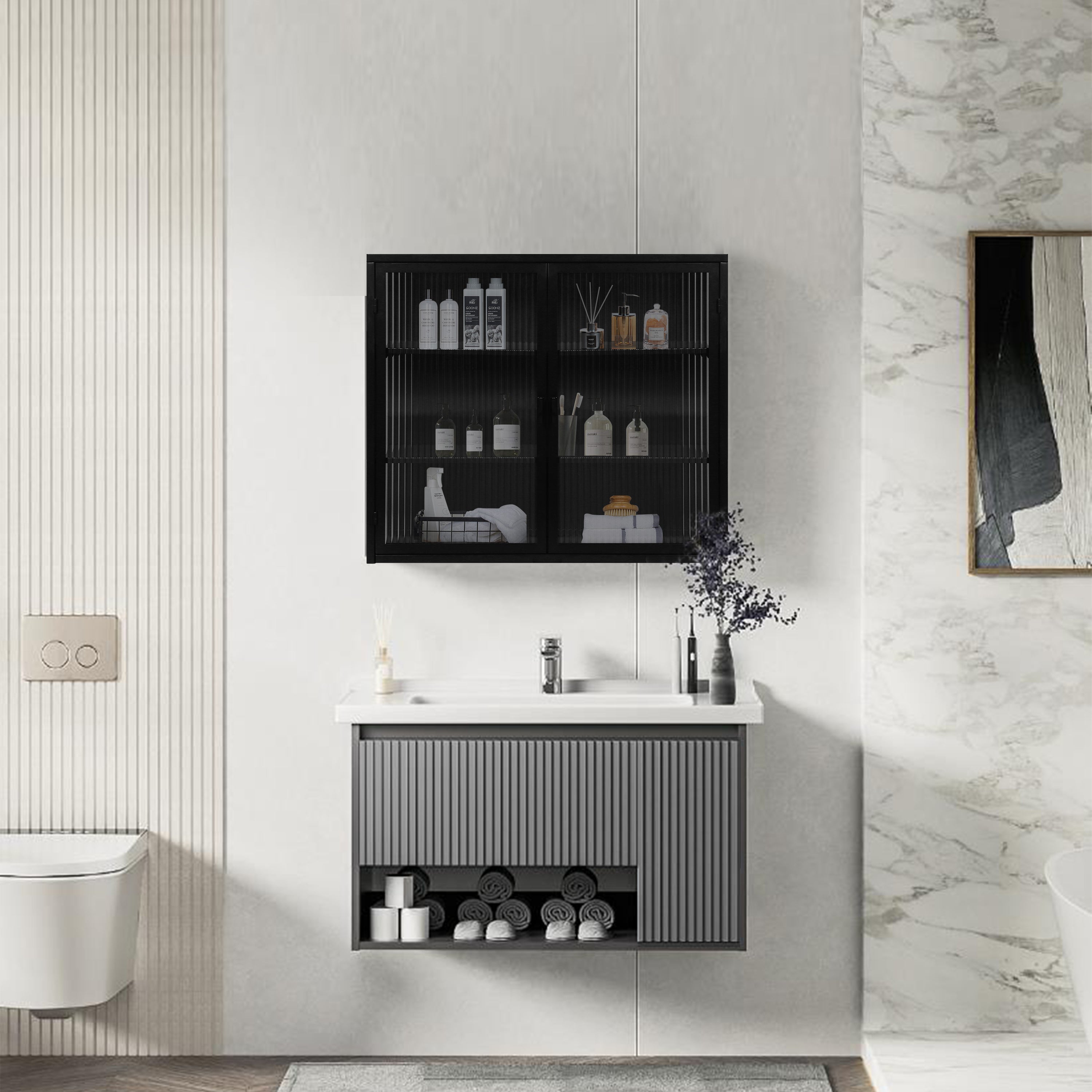 Wall Cabinet 70cm Glass Door Two-Door Three-Tier Storage, Black