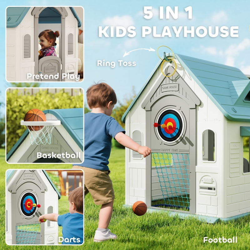 5-in-1 Playhouse for Kids Outdoor Indoor with Basketball Hoop, Football Goal, Dartboard, Ring Toss, Beige
