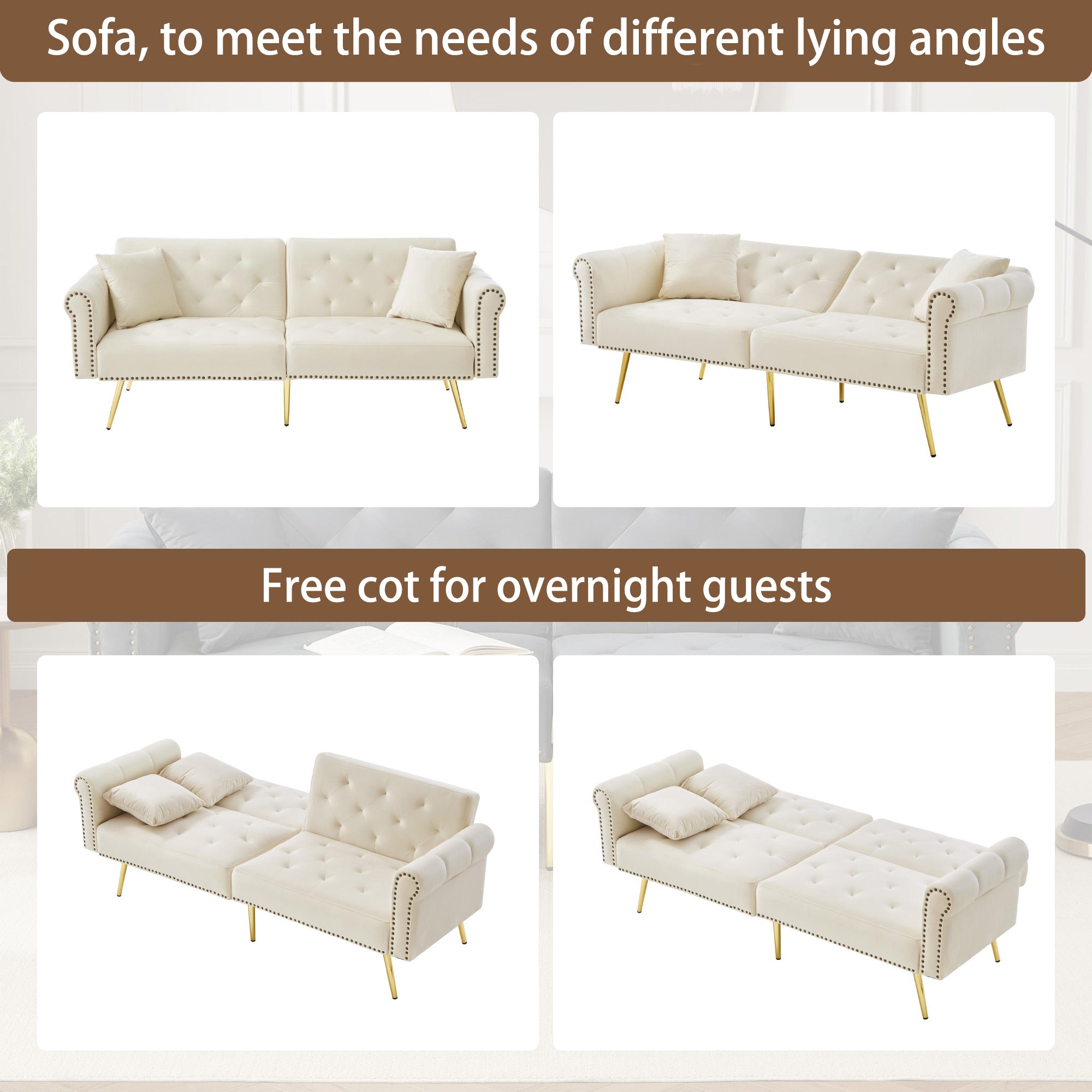 Modern 2-Seater Sofa Bed with 3-Stage Adjustable Backrest, Velvet