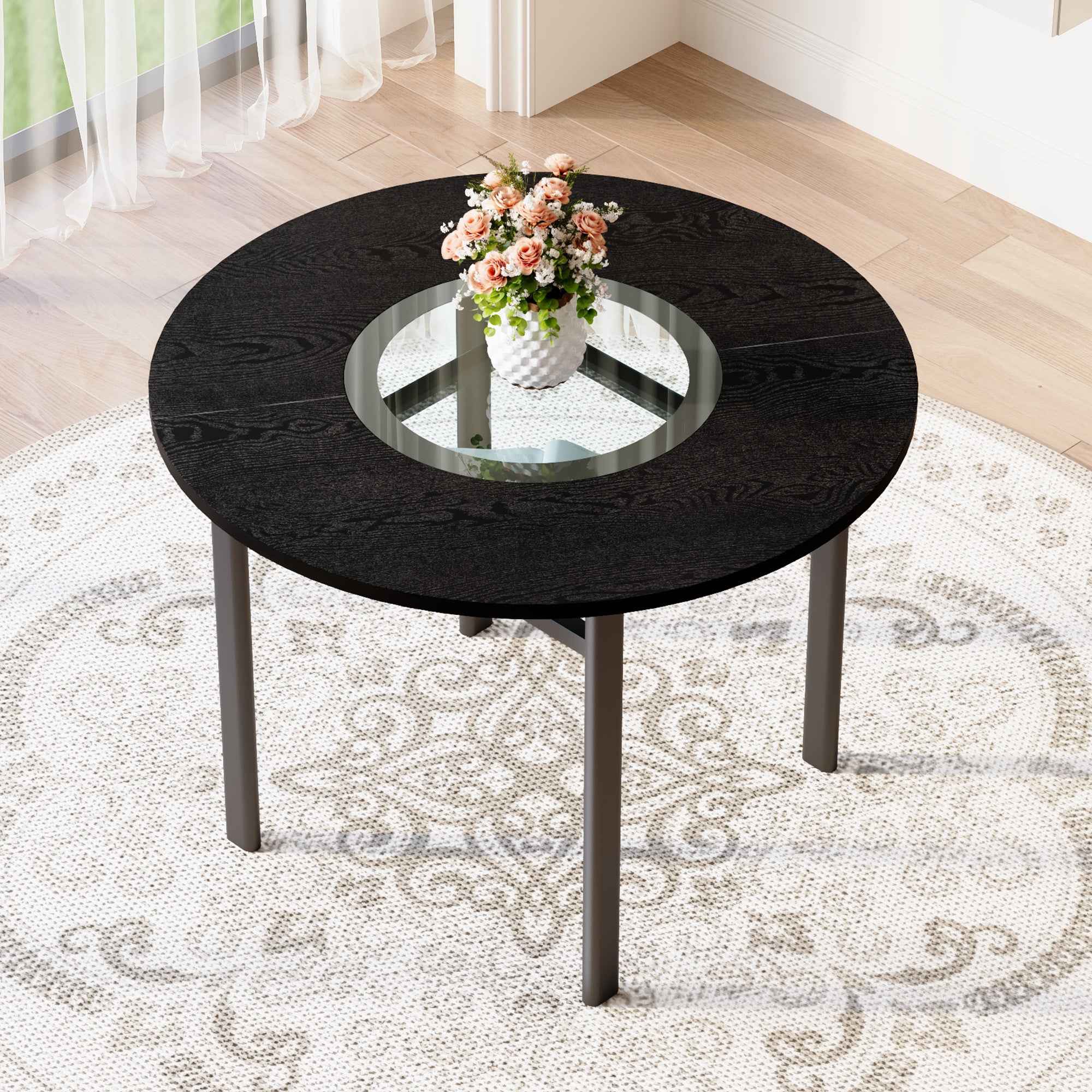 Round Dining Table 100cm Minimalist Black Wood Grain Grey Glass Insert Metal Frame