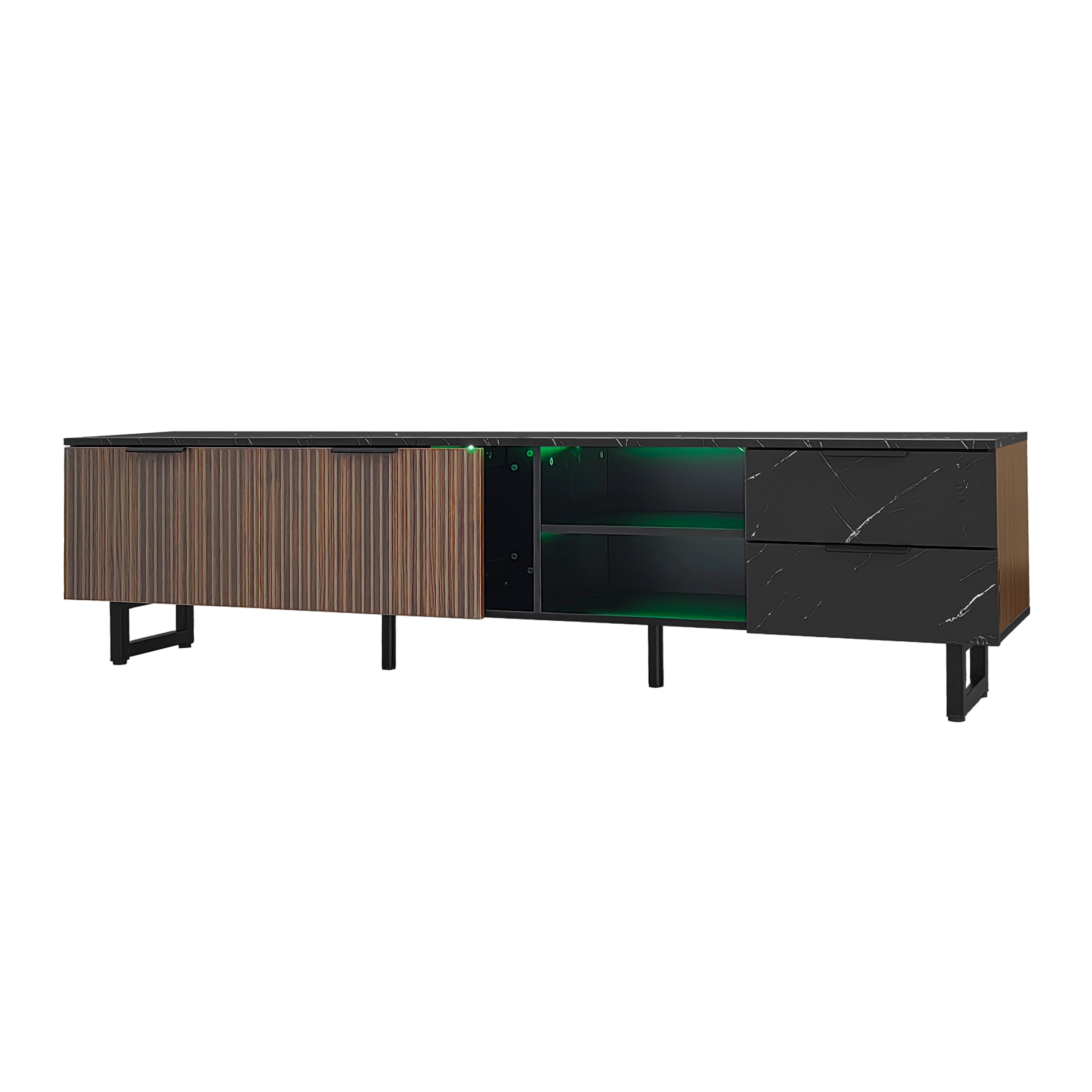 TV Cabinet, 200cm, Adjustable LED, 2 Doors, 2 Drawers, Black Marble & Dark Wood
