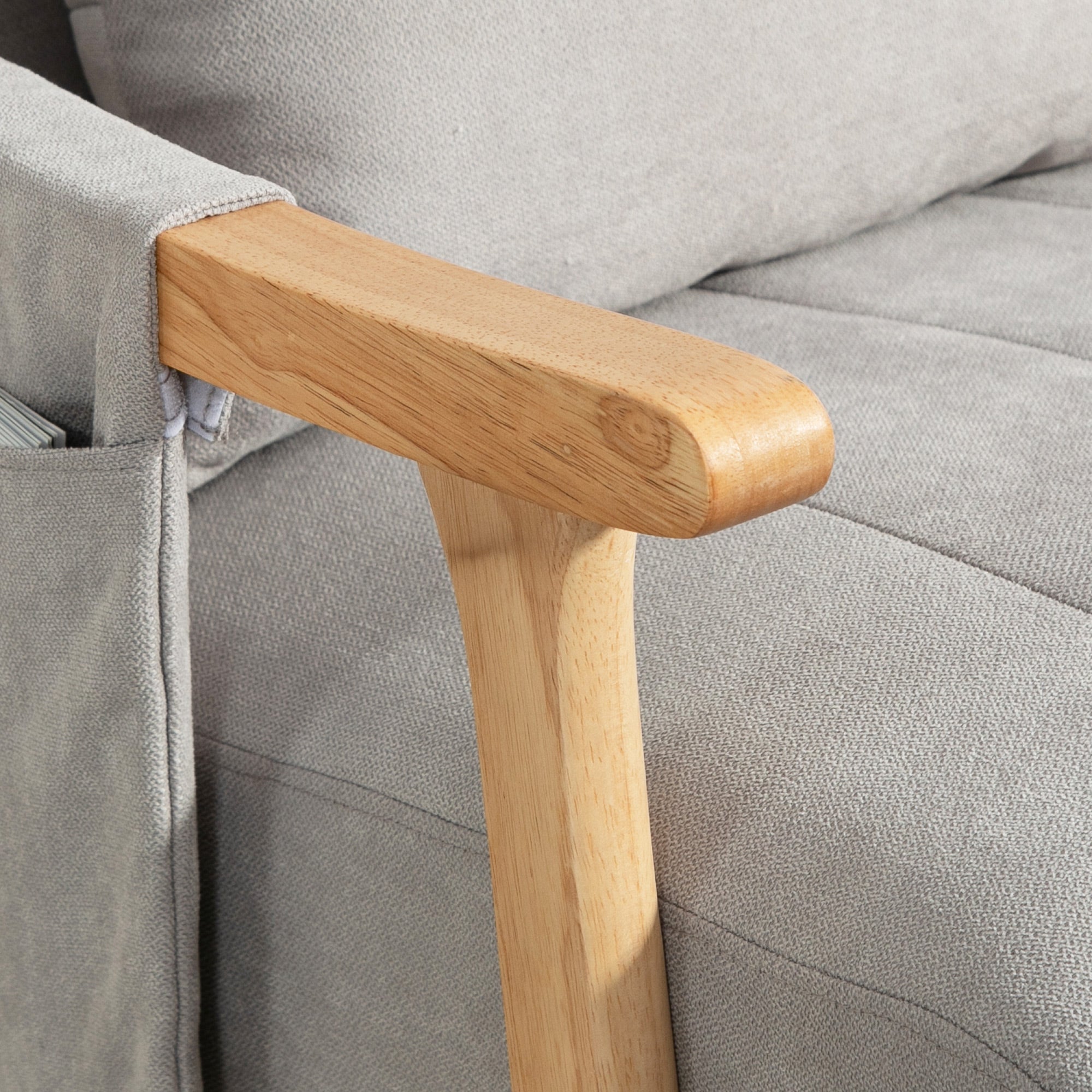 Rocking Chair Upholstered with Lumbar Cushion Side Pocket Wooden Frame, Linen Look Grey