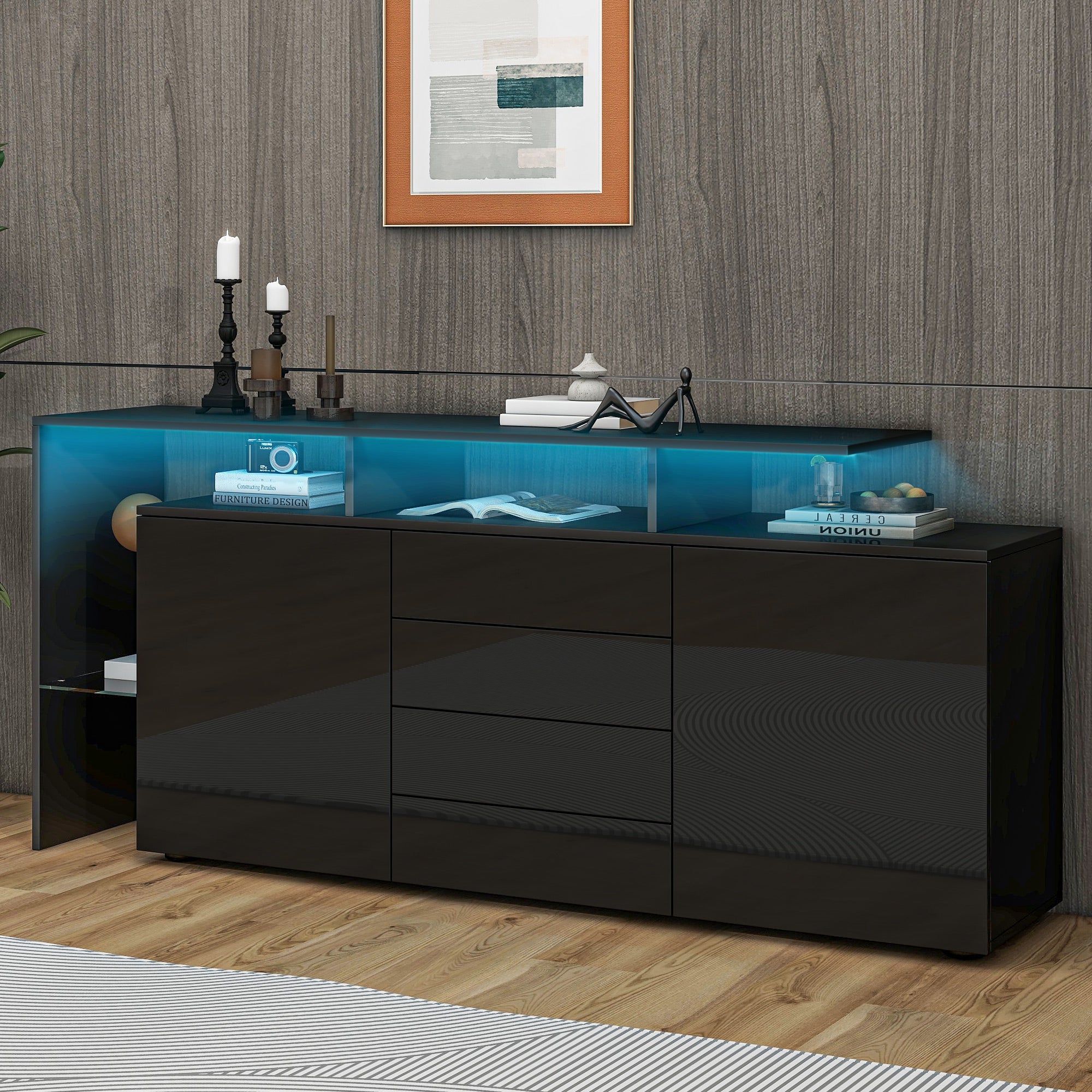 Highboard Sideboard with LED Lighting High-Gloss - Black