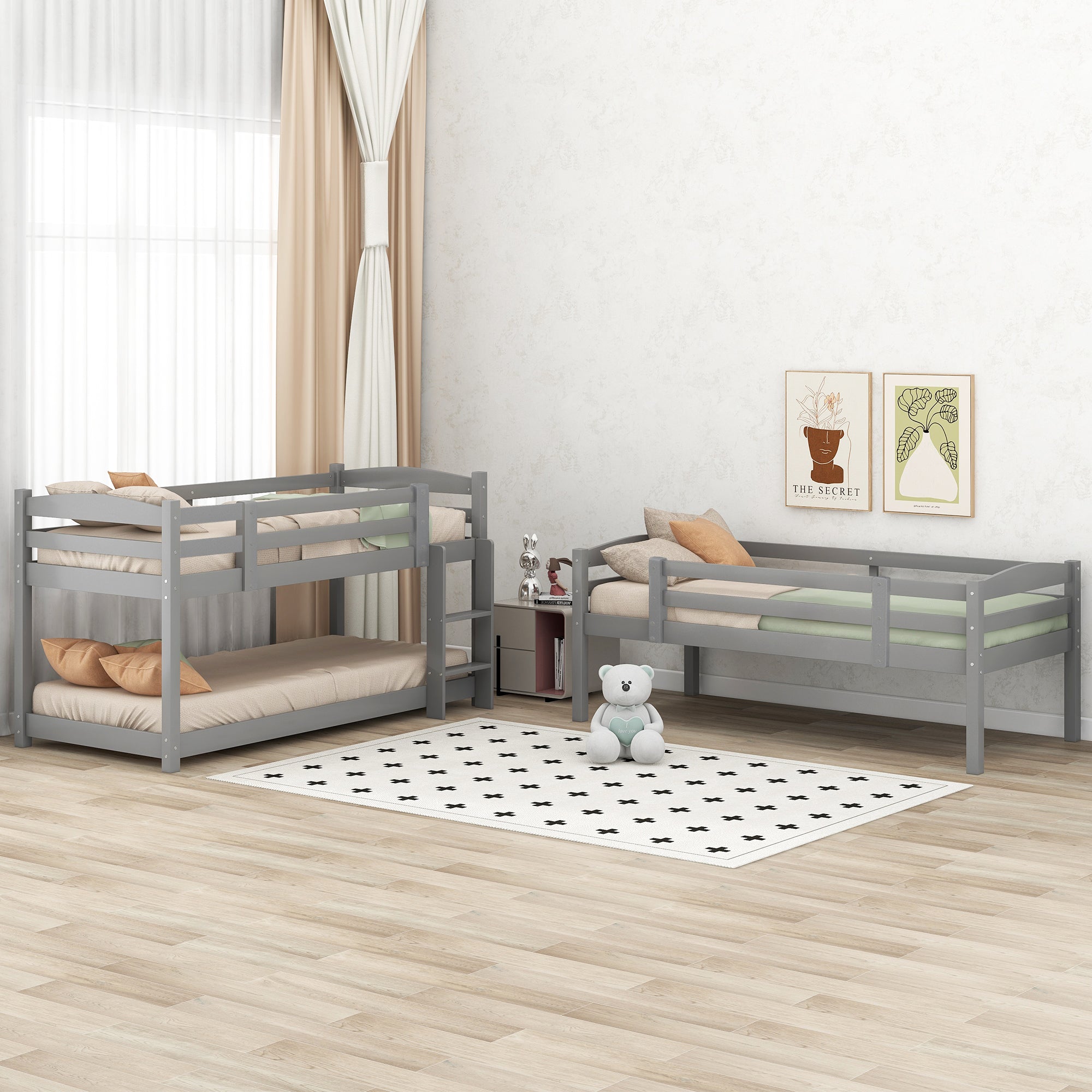 Bunk Bed 90x200cm Single Wooden Triple for Children, Grey