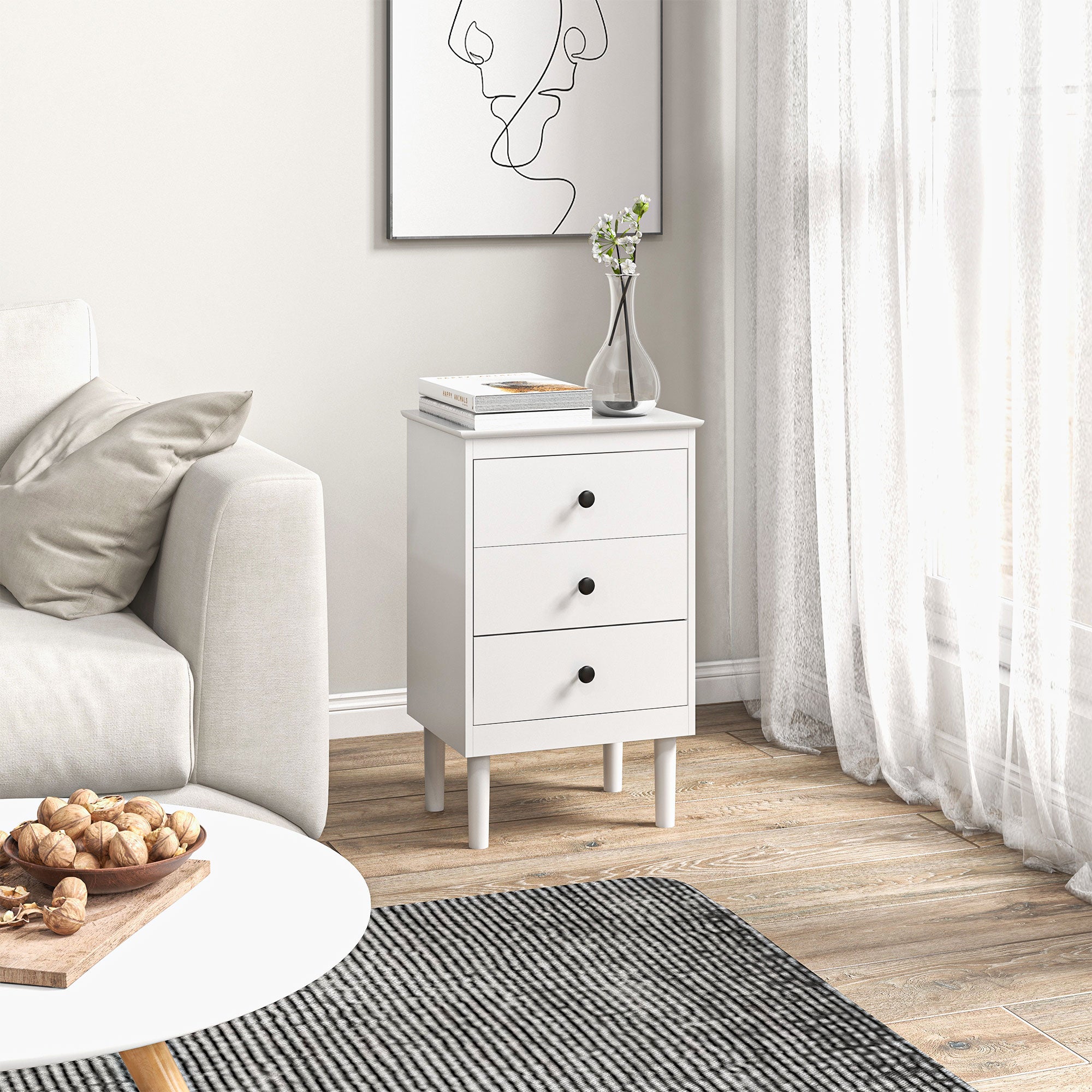 Bedside Table Set of Two Three-Drawer Modern White