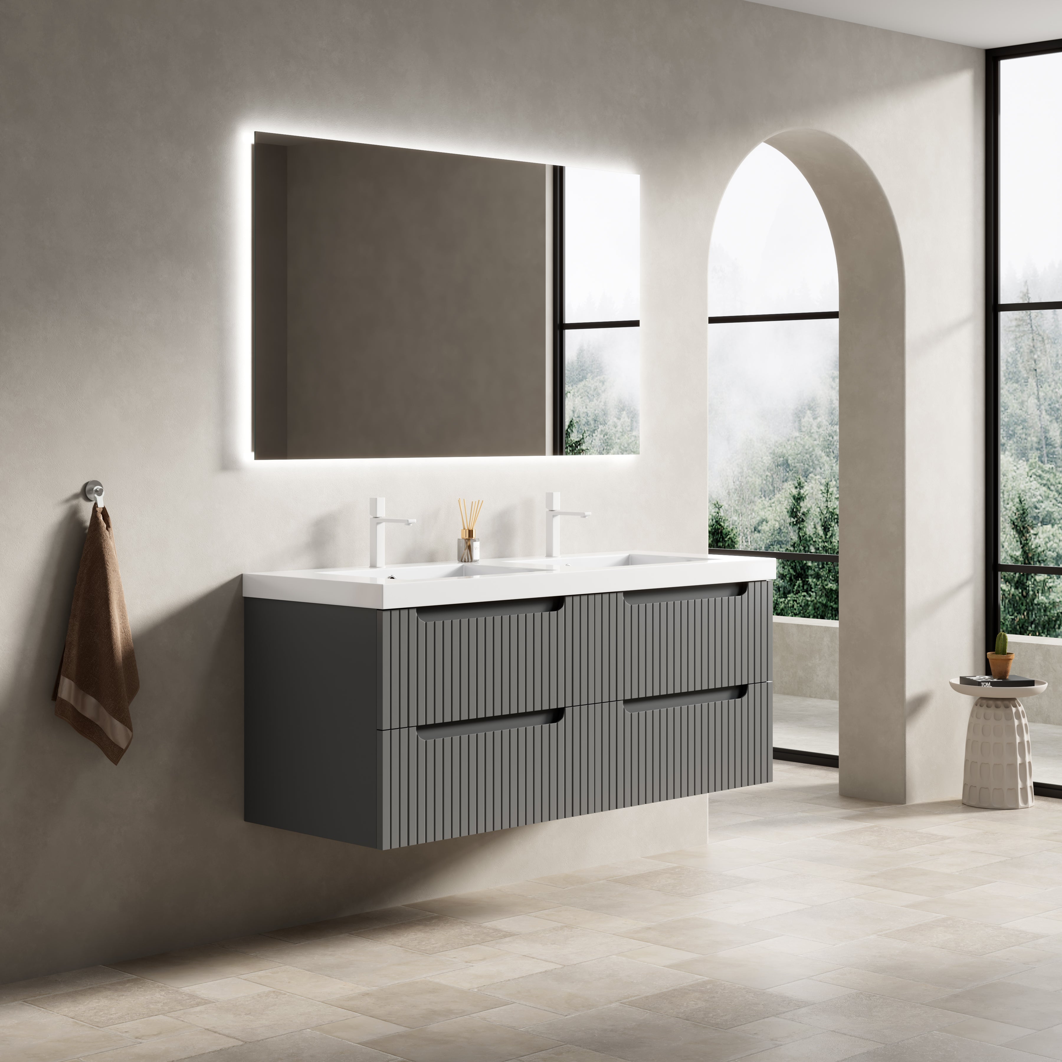 Floating Bathroom Vanity with Double Sinks and 4 Drawers, Plywood, Dark Grey
