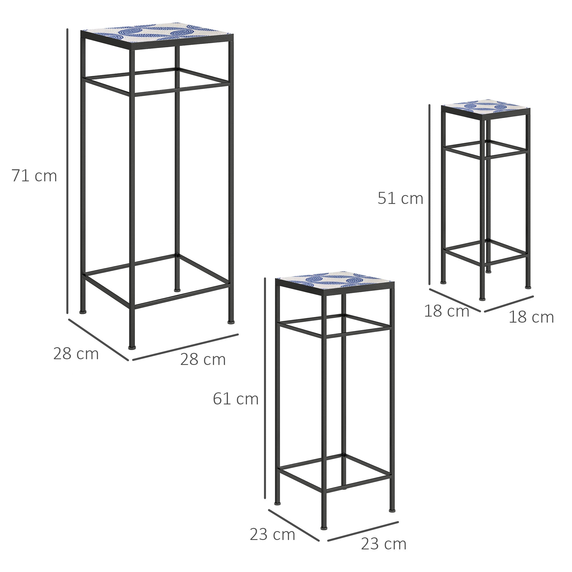 Plant Stands, Set of 3, 71cm Tall, Metal, Blue+White