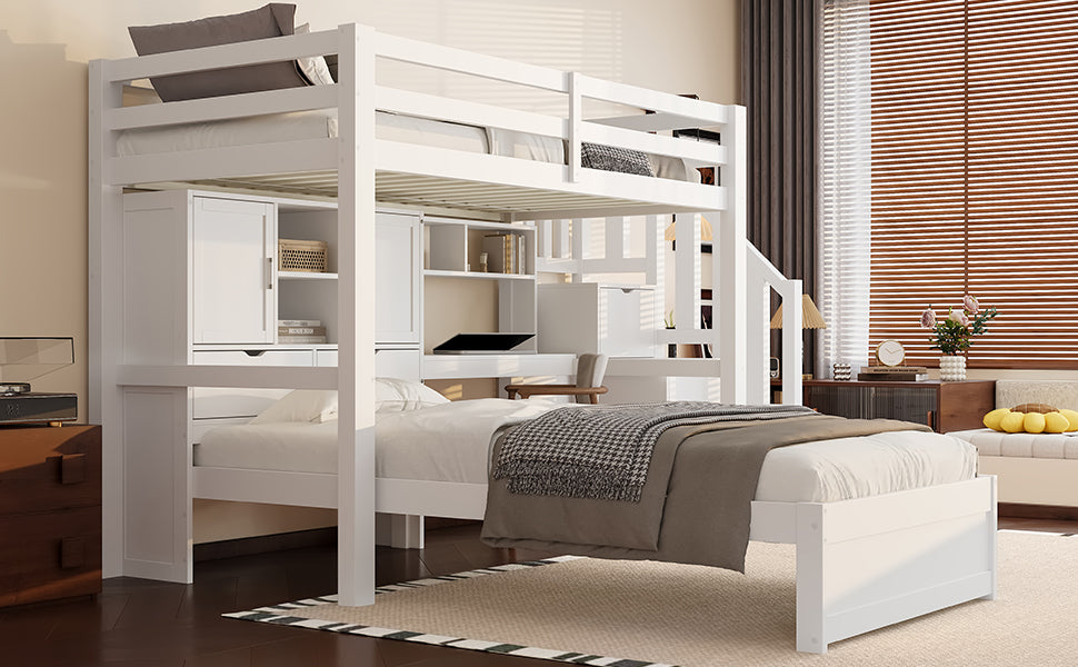 Loft Bed 90x200cm Desk Stairs Storage Shelves - White