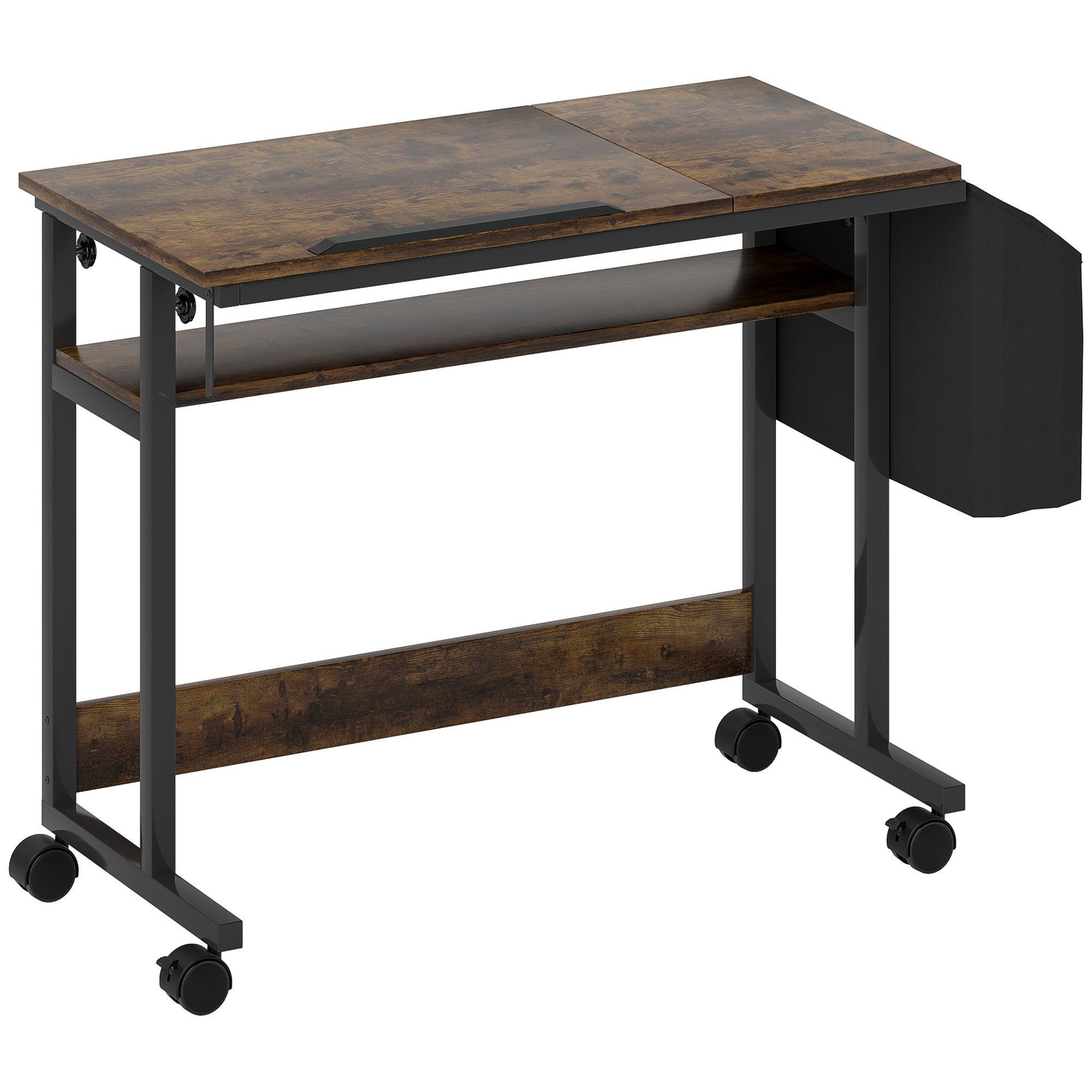 Height-Adjustable Desk, 92 x 40 cm, Tilting, Storage, Rustic Brown Steel