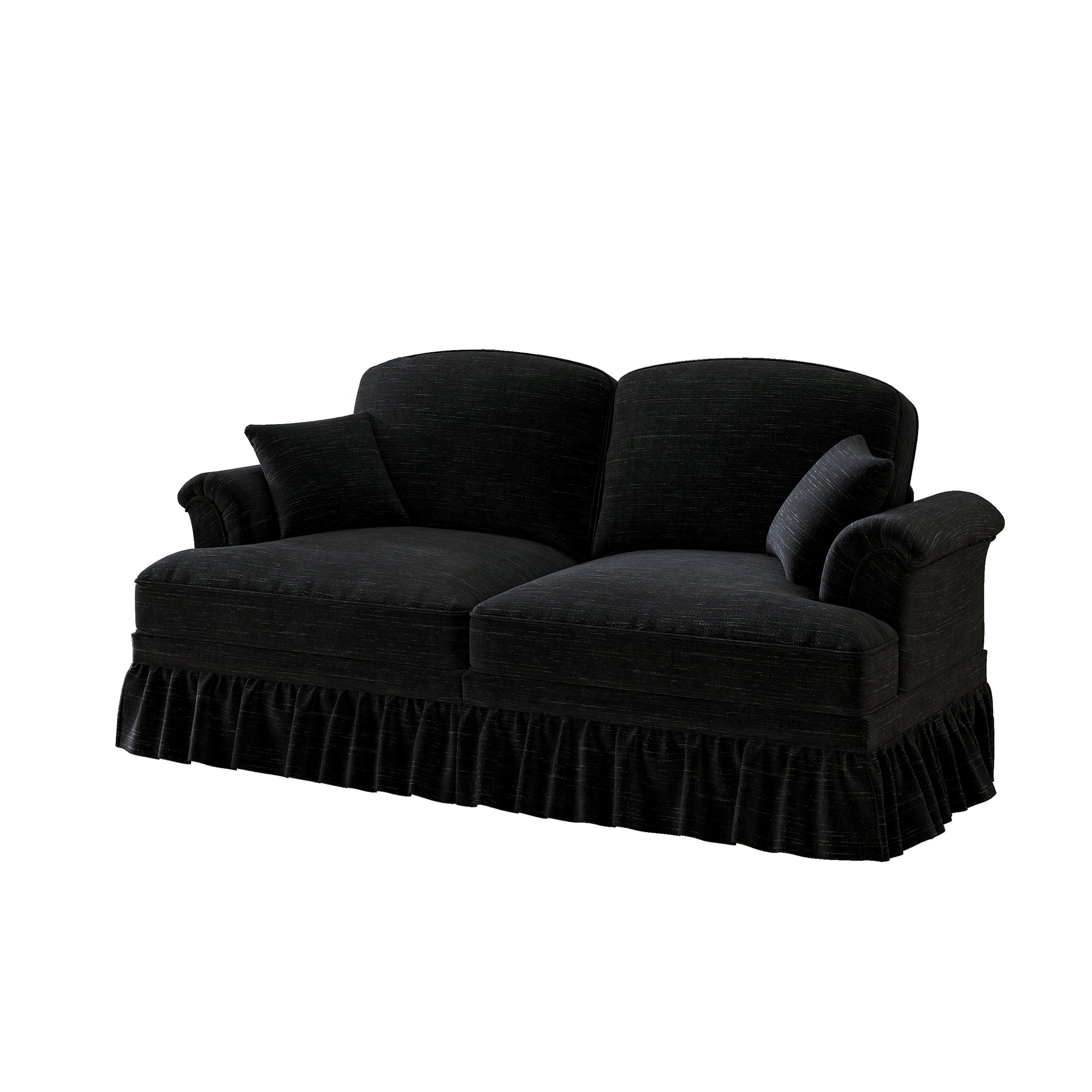 2-Seater Sofa, Medieval-Modern Style with Flared Armrests & Removable Valance, Black Chenille Fabric