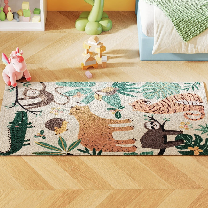 Fleece Rug, Jungle Pattern, Easy-Care, Cream White + Multi-Coloured