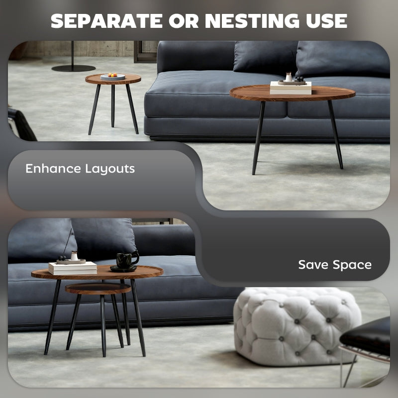 Nesting Coffee Table Set of 2 Modern Stacking End Side Table with Metal Legs Chestnut Wood Effect