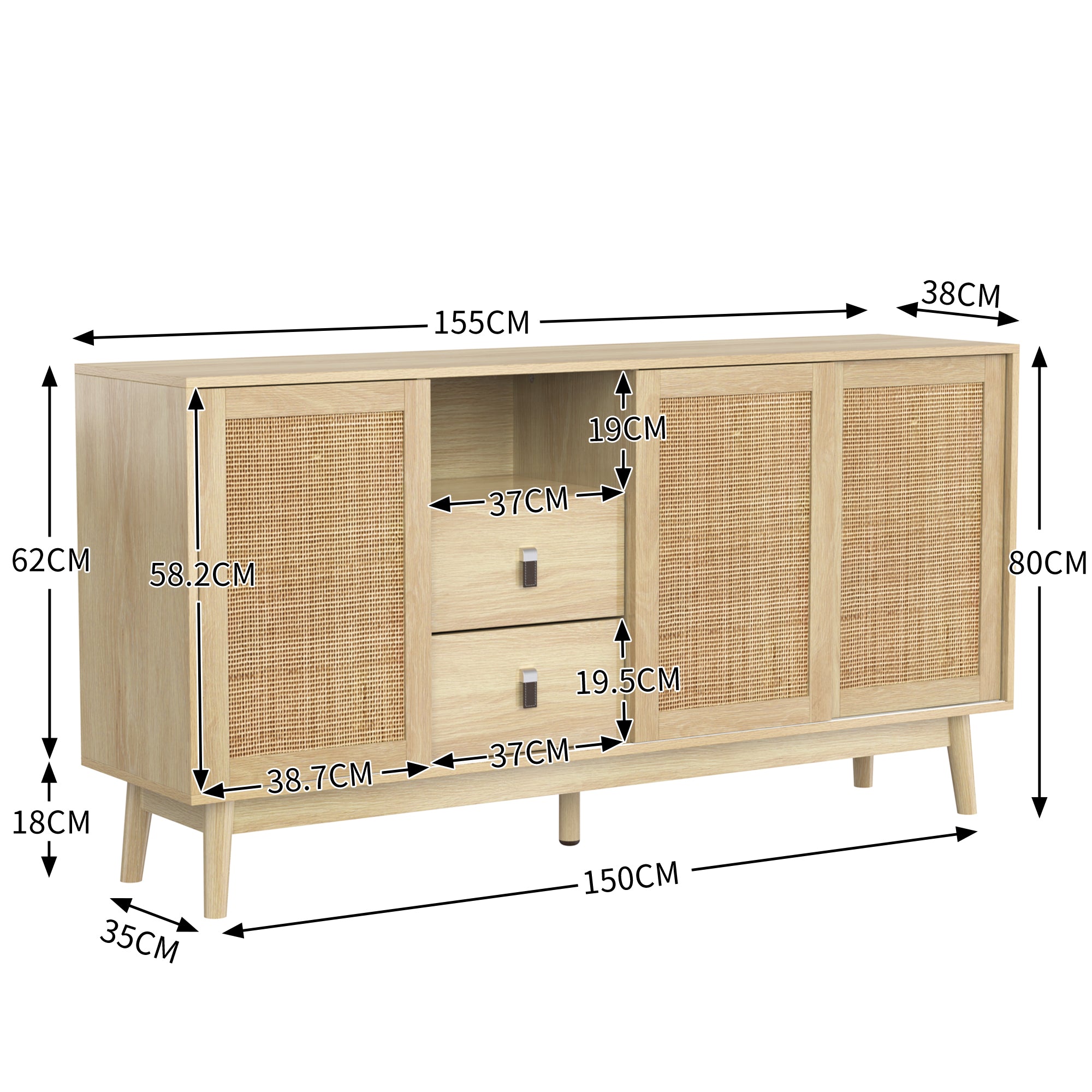 Sideboard, 3 Sliding Real Rattan Doors & 2 Drawers, Wood Color