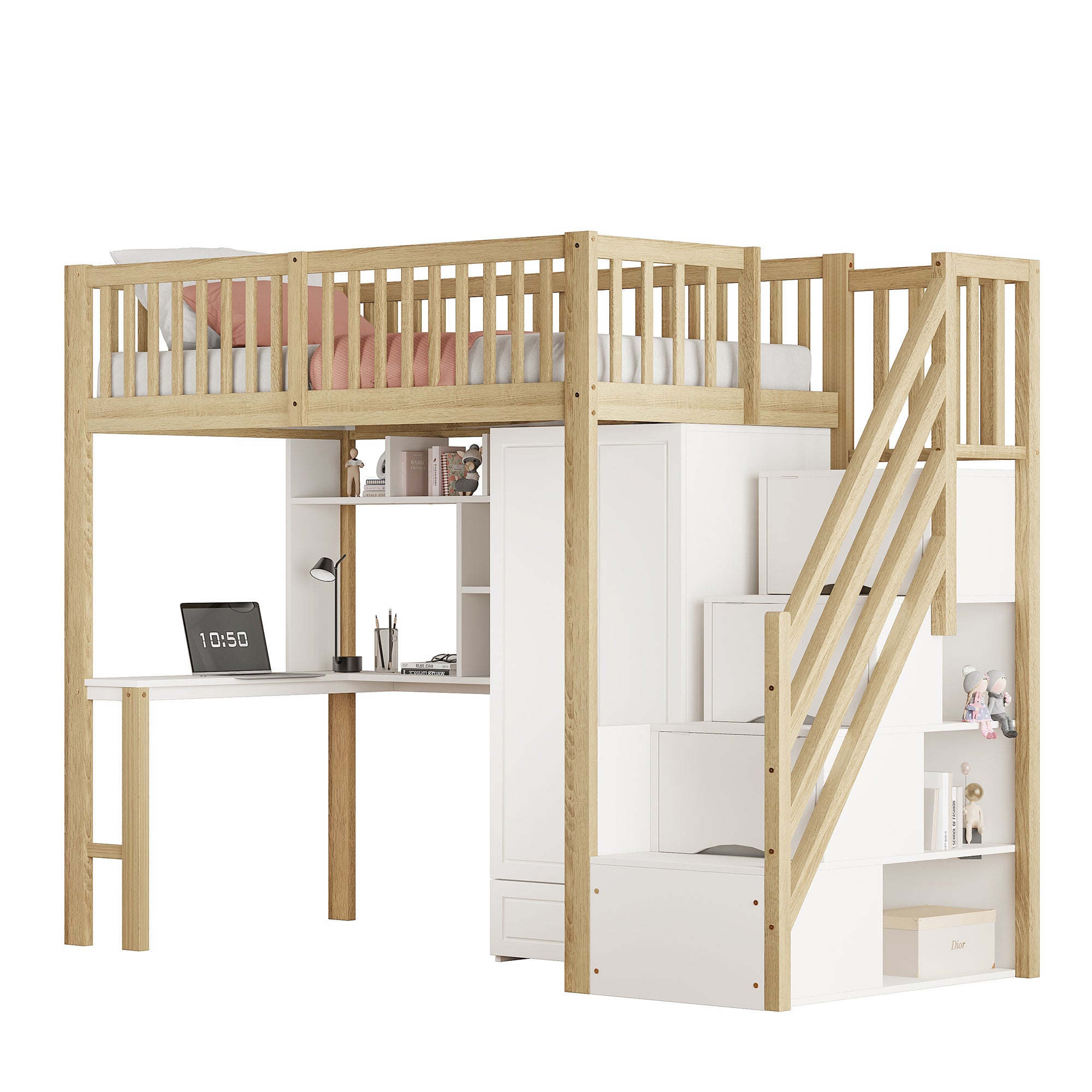 Loft Bed, 90x200 Wardrobe, Shelf, Table, Storage Stairs, Wooden