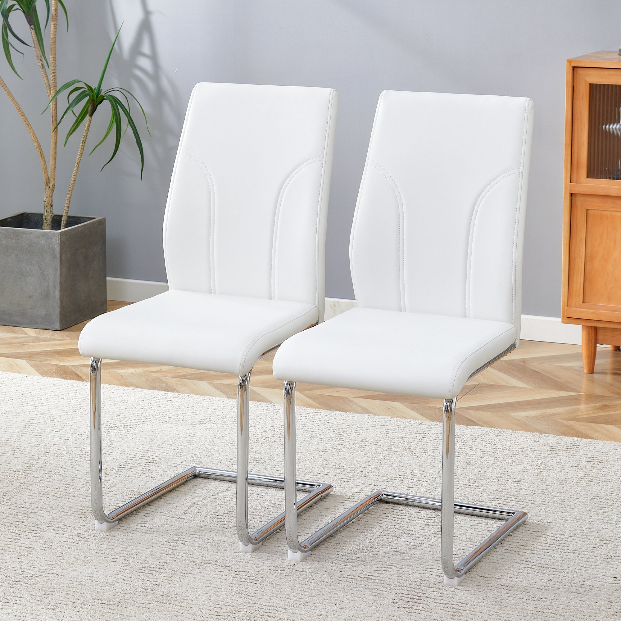 Chairs, Set of 2 with Silver Metal Legs, White PU Material