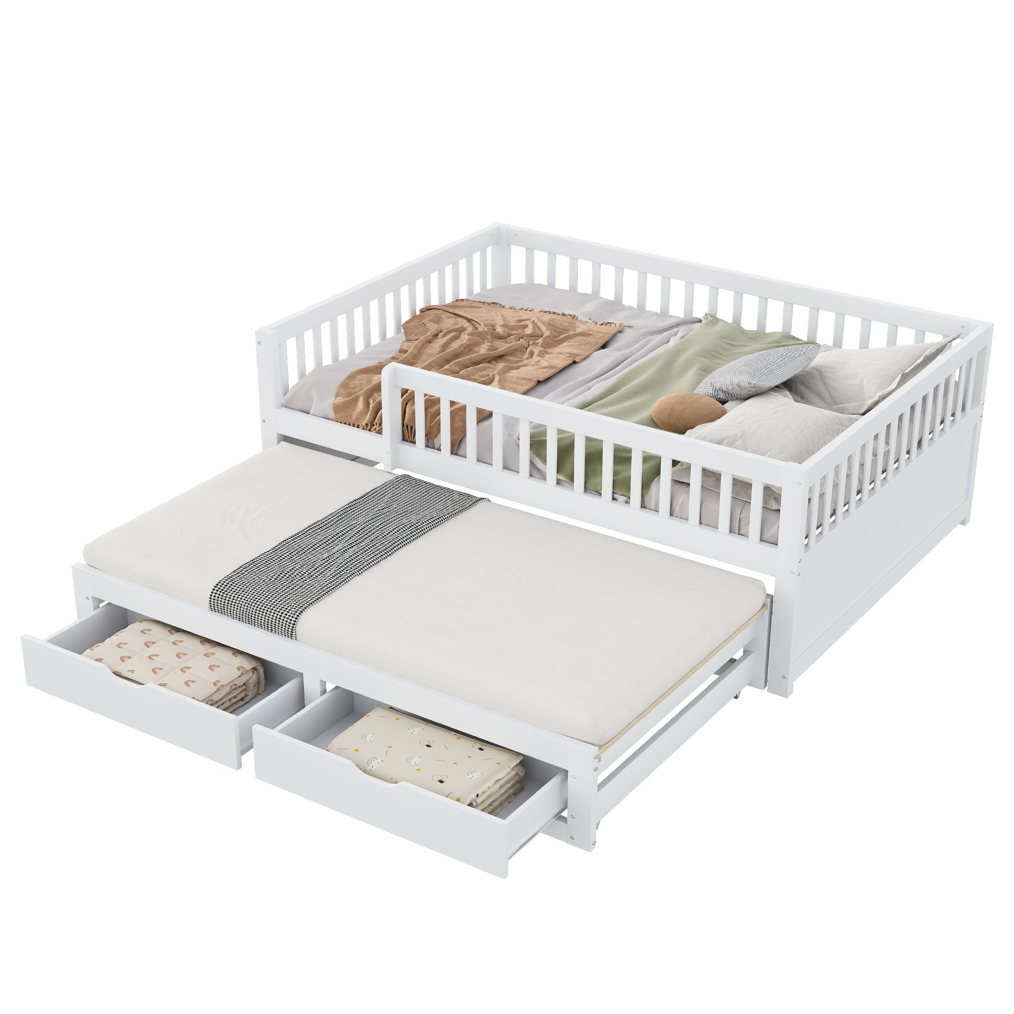 Sofa Bed, Pull-Out with Safety Gate & 2 Drawers, Solid Wood, White