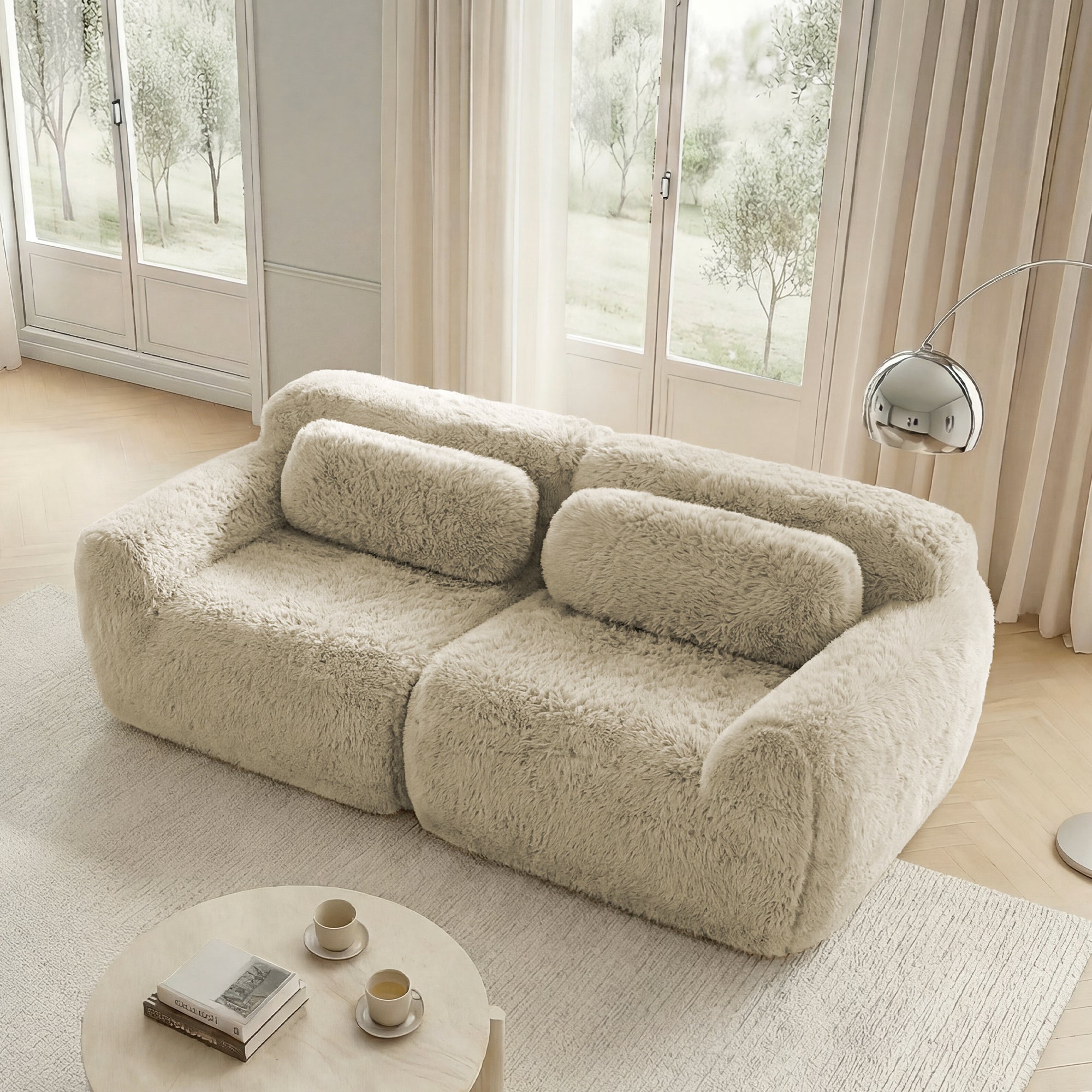 2-Seater Sofa, Frameless Modular Design with Cushions and High-Resilience Foam, Light Khaki Plush Fabric