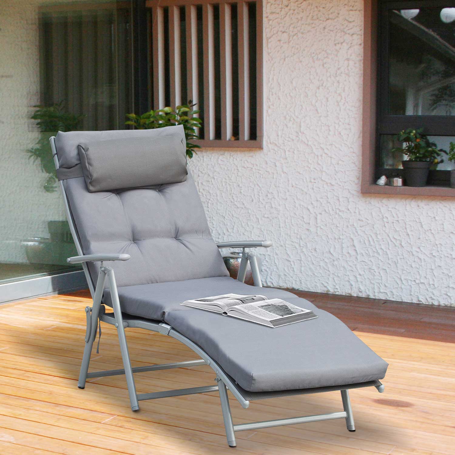 Sun Lounger/Beach/Garden, Foldable Adjustable with Cushion, Metal/Fabric Grey