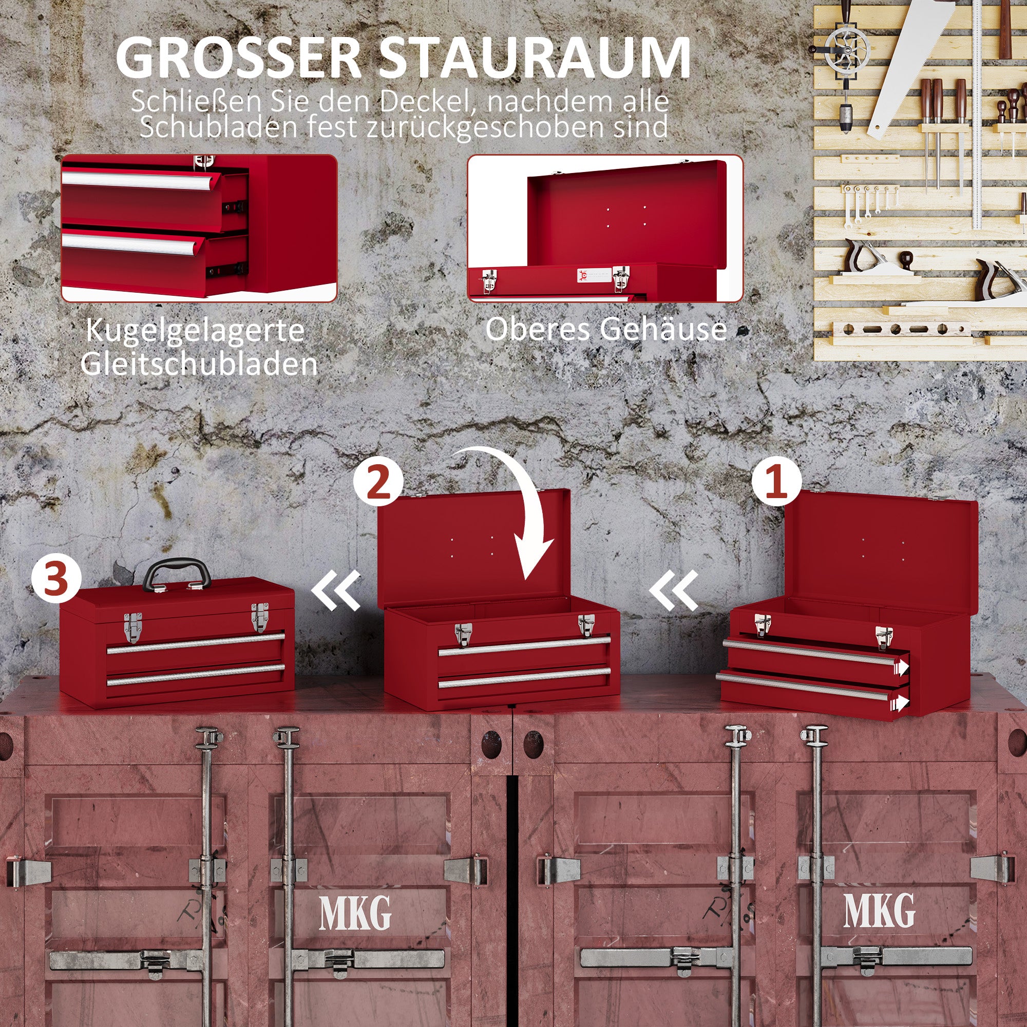 DURHAND empty tool case 46x24x22cm with 2 drawers and 2 locks, steel red