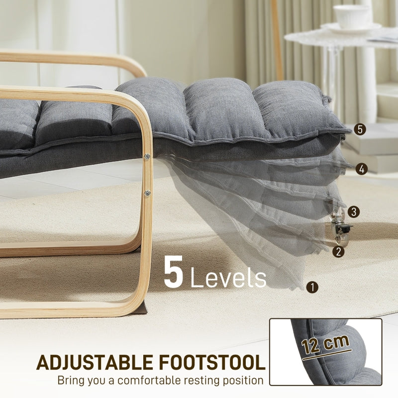 Curved Wooden Accent Chair with Adjustable Footrest, Dark Grey