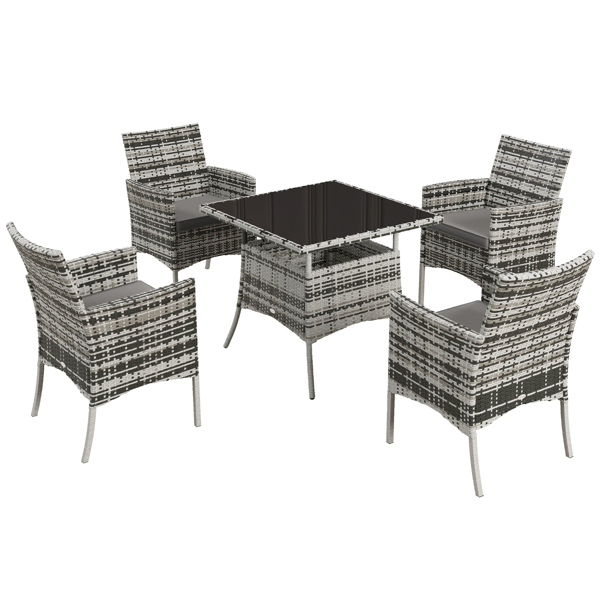 Five-Pieces Dining Set 4 Armchairs Tempered Glass Table Rattan Mixed Grey