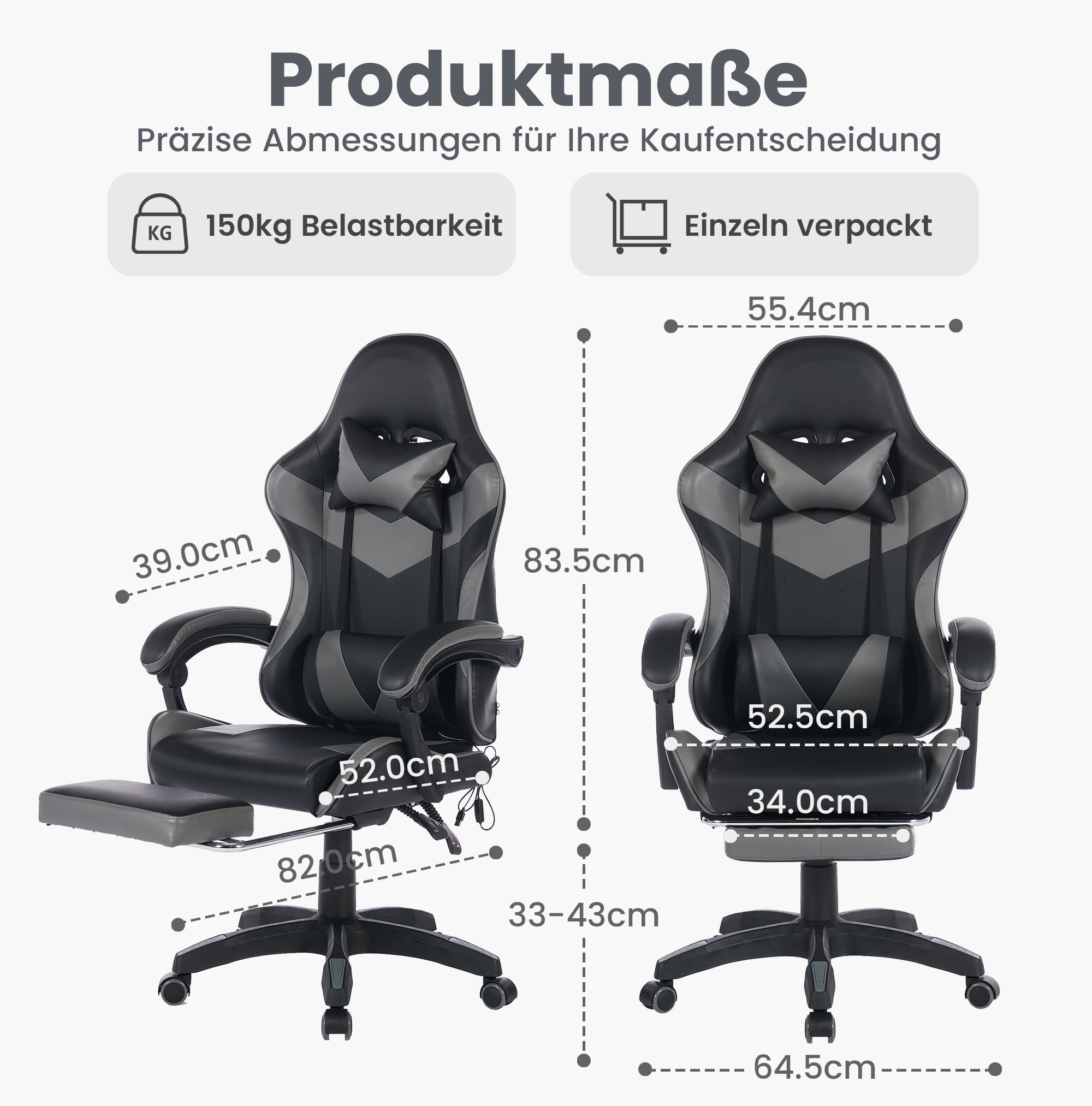 Gaming Chair Ergonomic Racing Design High-Back Adjustable Footrest & Lumbar Support Leather - Black & Grey