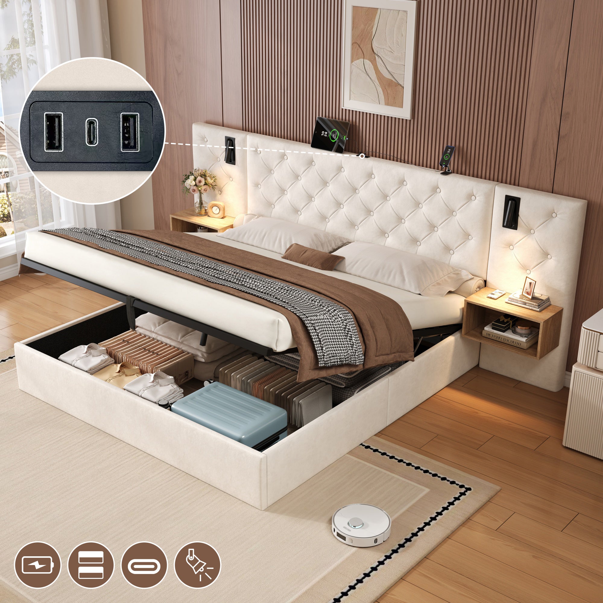 King Upholstered Bed with Charging Station, Reading Light, and Hydraulic Storage, Beige Velvet