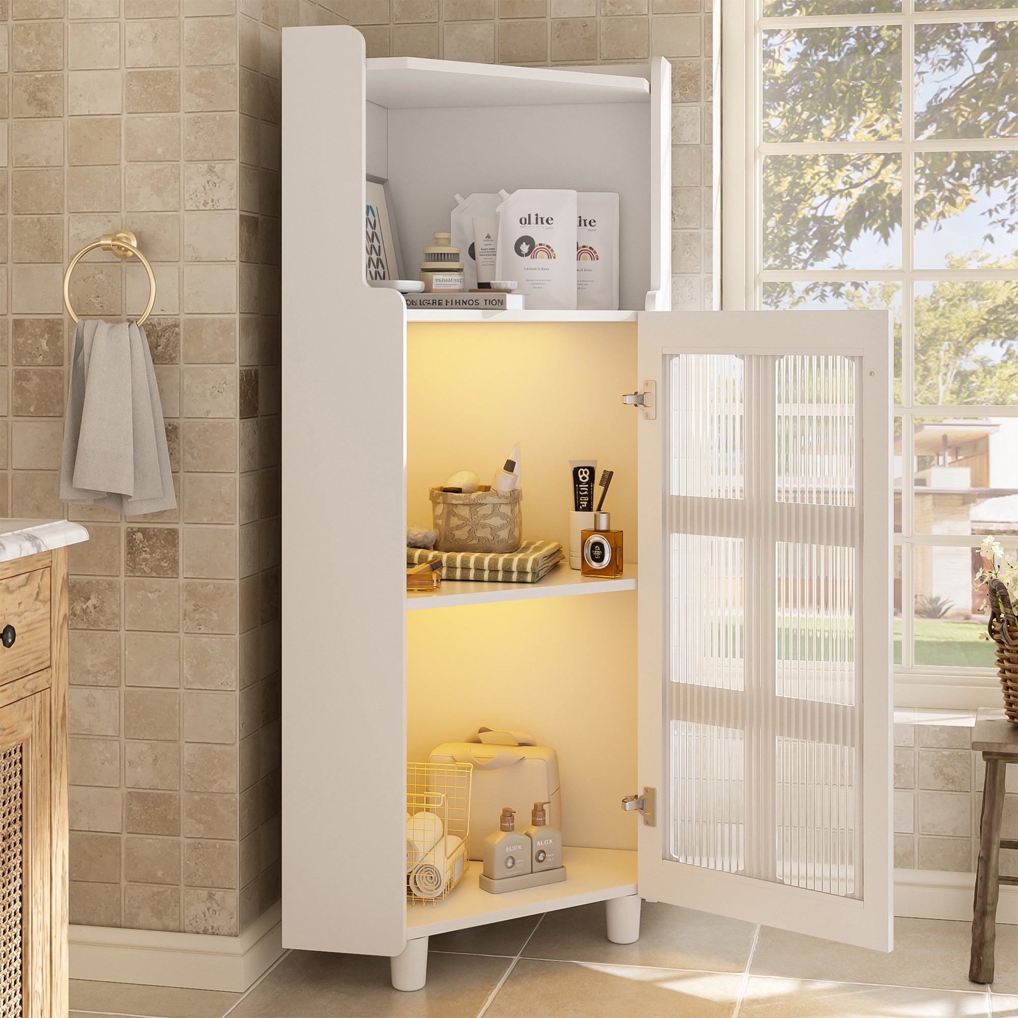 Corner Cabinet LED Lighting App Control Lacquered 63.5x124cm - White