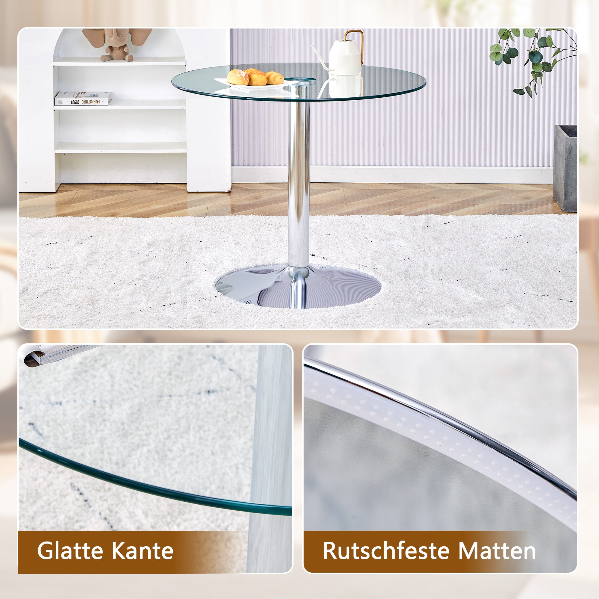 Dining Table Set, Glass Table & 4 Chairs with Gold Legs, White PU