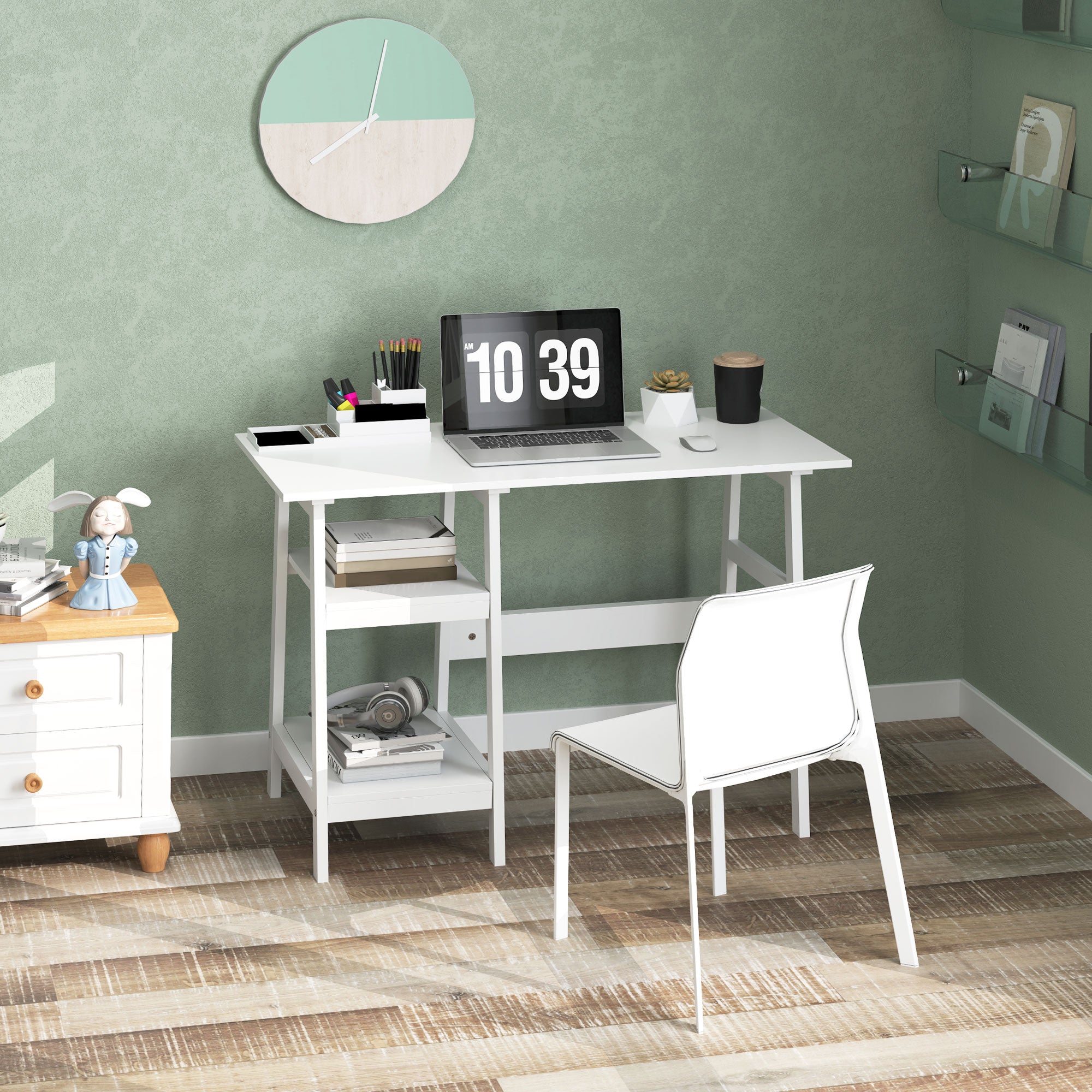 Compact Computer Desk with Storage Shelves and Bookshelf, 106 x 51cm, White