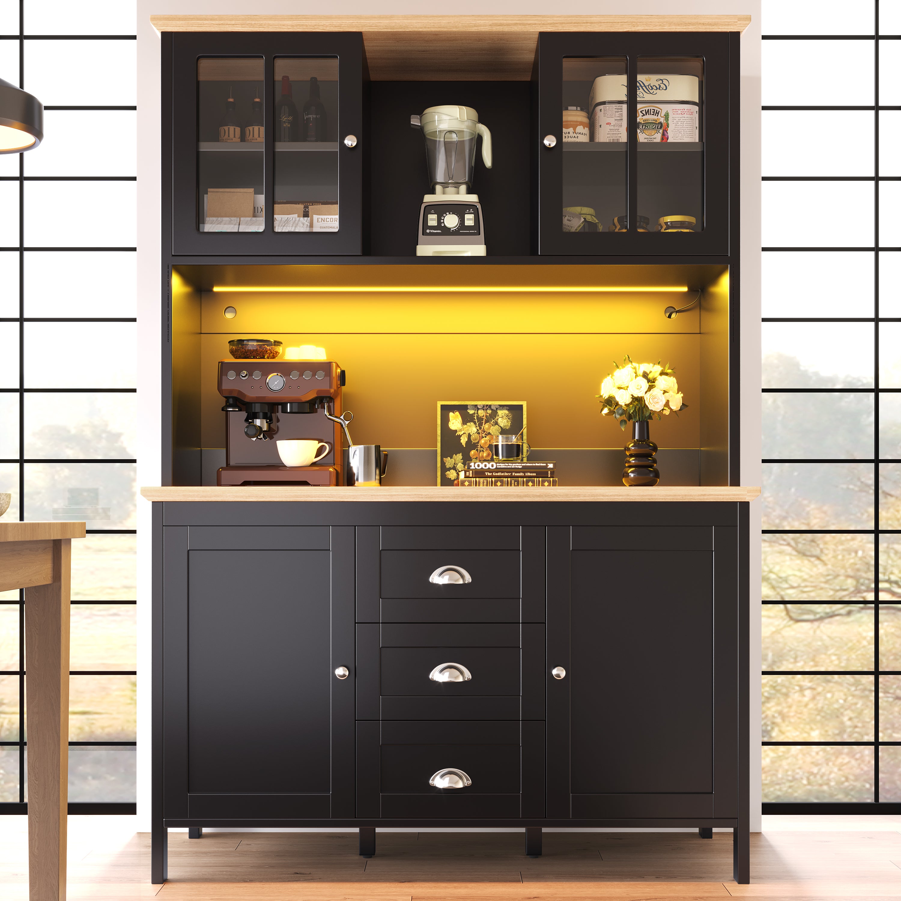 Tall Sideboard with LED Lighting, 4 Doors and 3 Drawers, White and Black