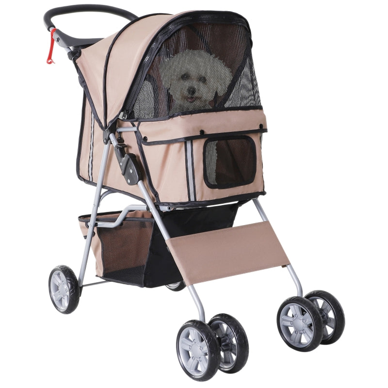 Pet Stroller Dog Pram, Foldable Wheels Zipper Entry, Brown