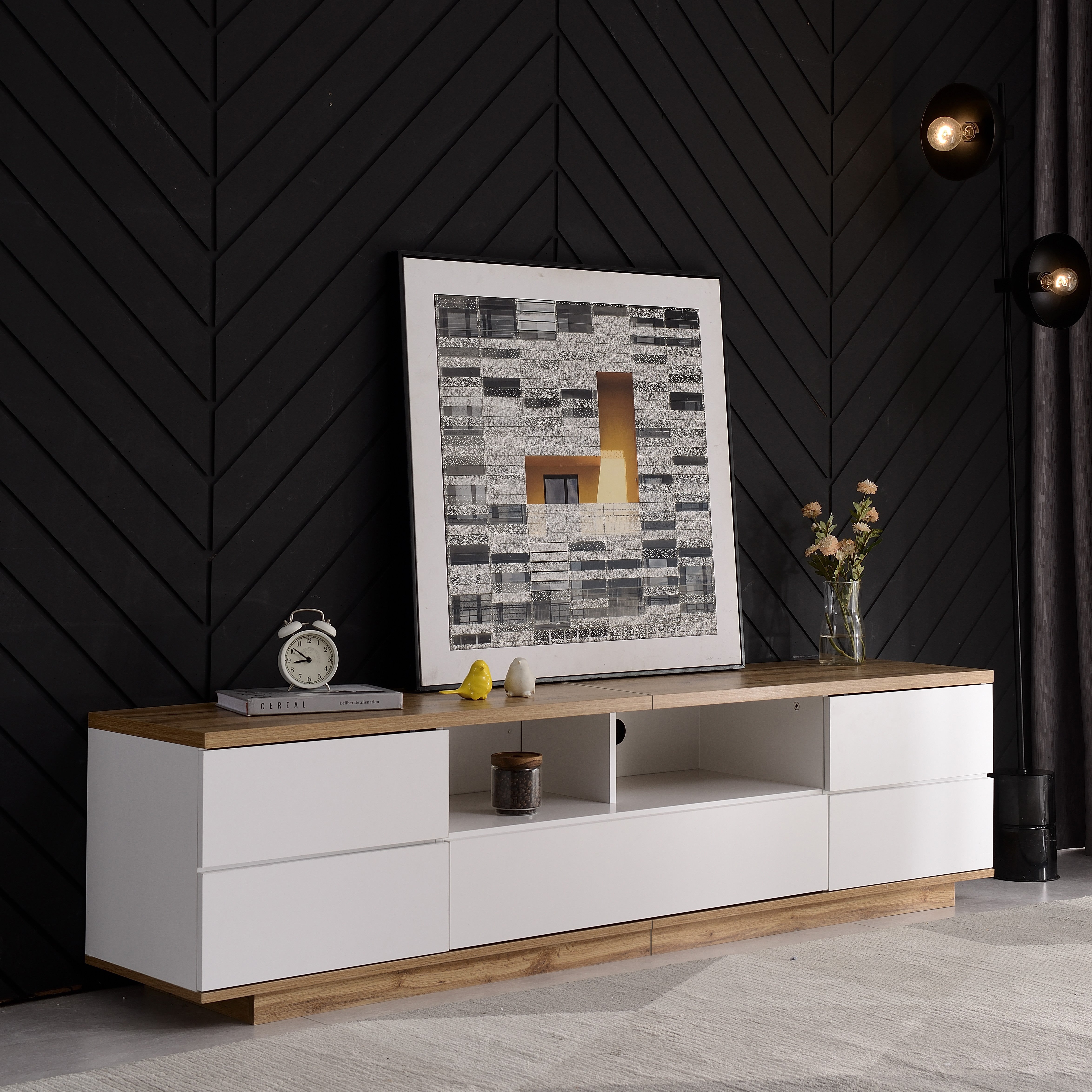 Modern TV Cabinet, Color-Block Wood Grain 180 cm, White