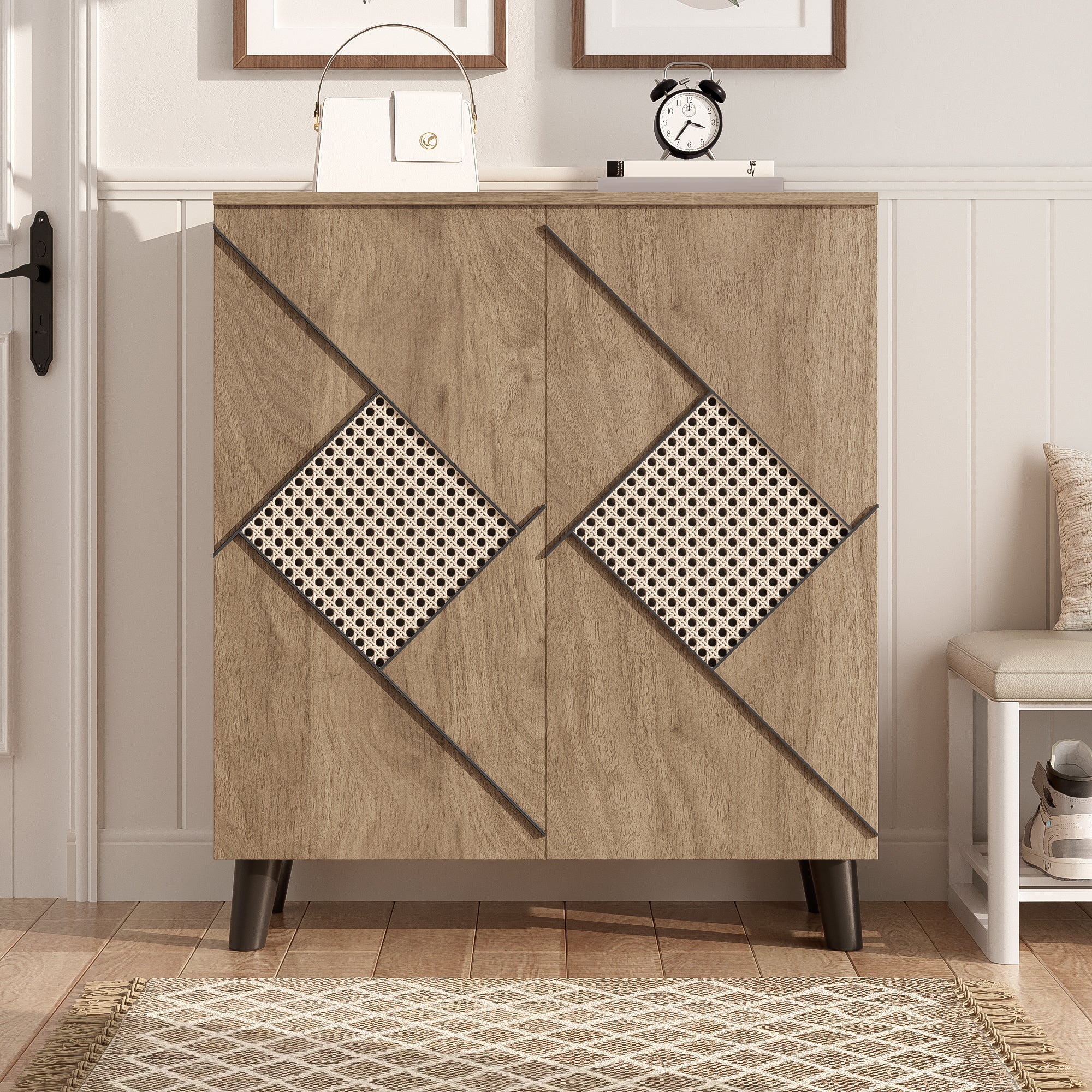 Modern Shoe Cabinet, 80x32x91 cm, Storage, Rattan Pattern, Wood Look