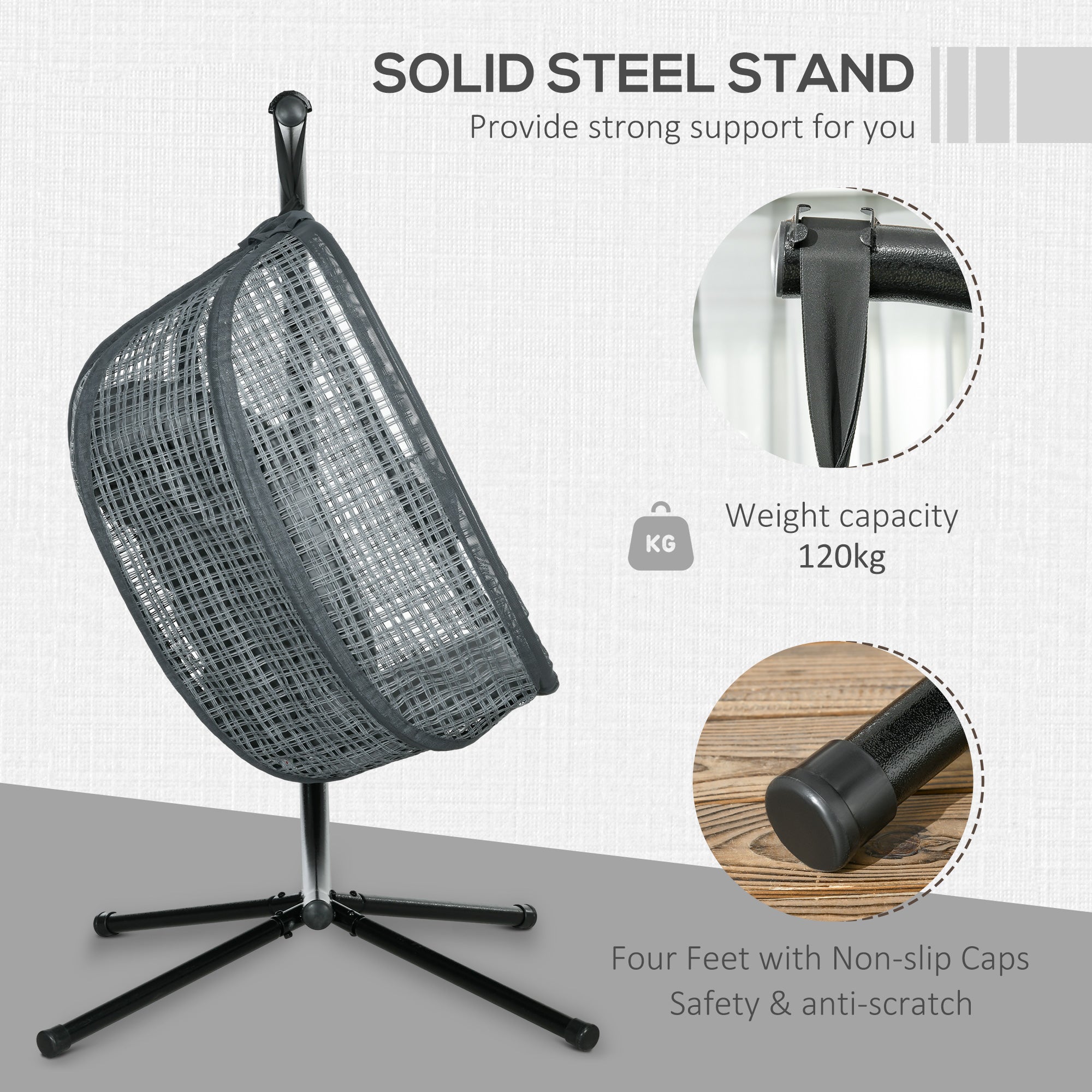 Outdoor Swing Chair, Hanging Egg Chair with Foldable Basket & Cup Holder, Dark Grey Steel