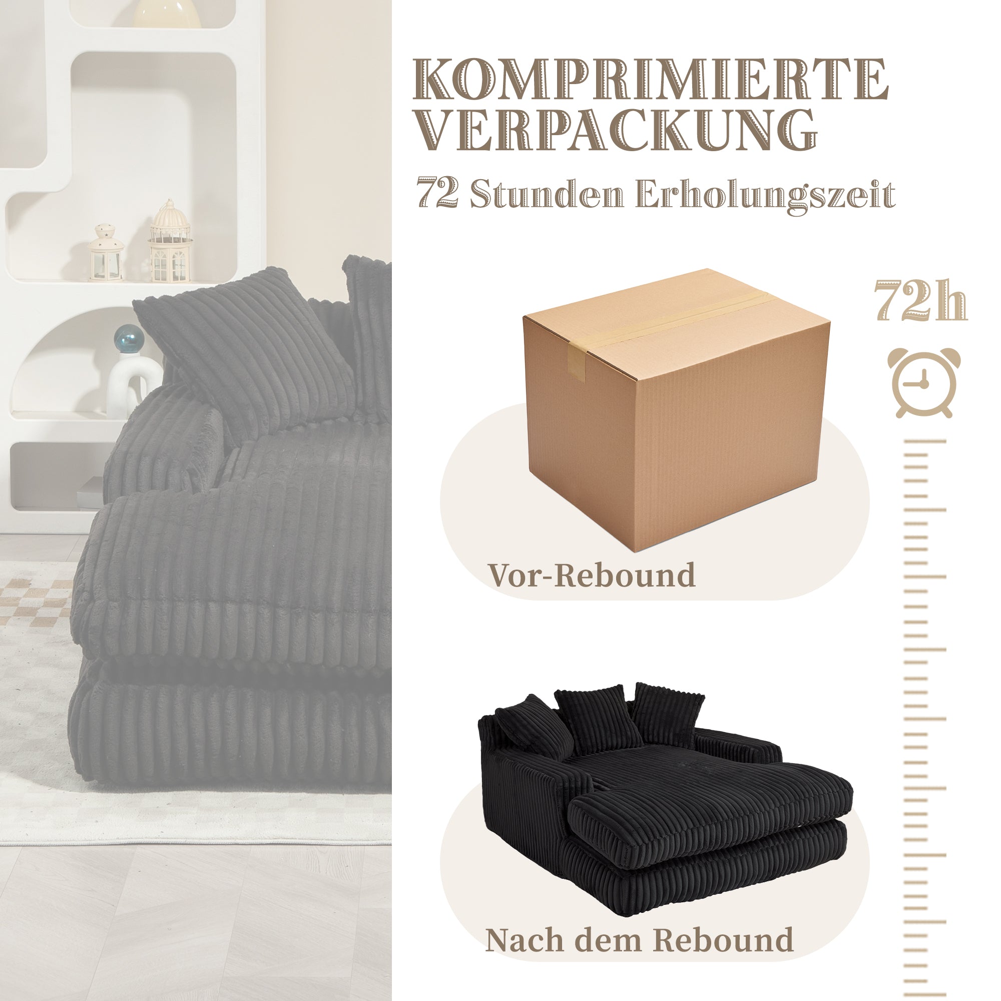 Sofa Bed, Cloud Couch with 3 Soft Pillows, Single Seat, Corduroy Black