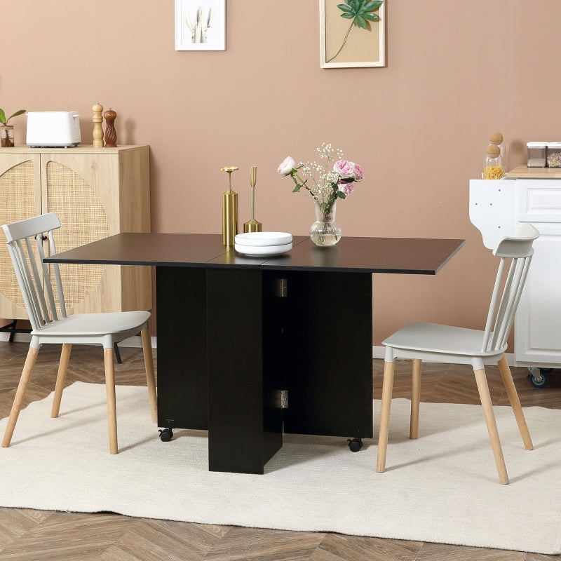 Foldable Dining Table, Extendable Drop Leaf with 2-tier Shelves and Casters, Black Engineered Wood