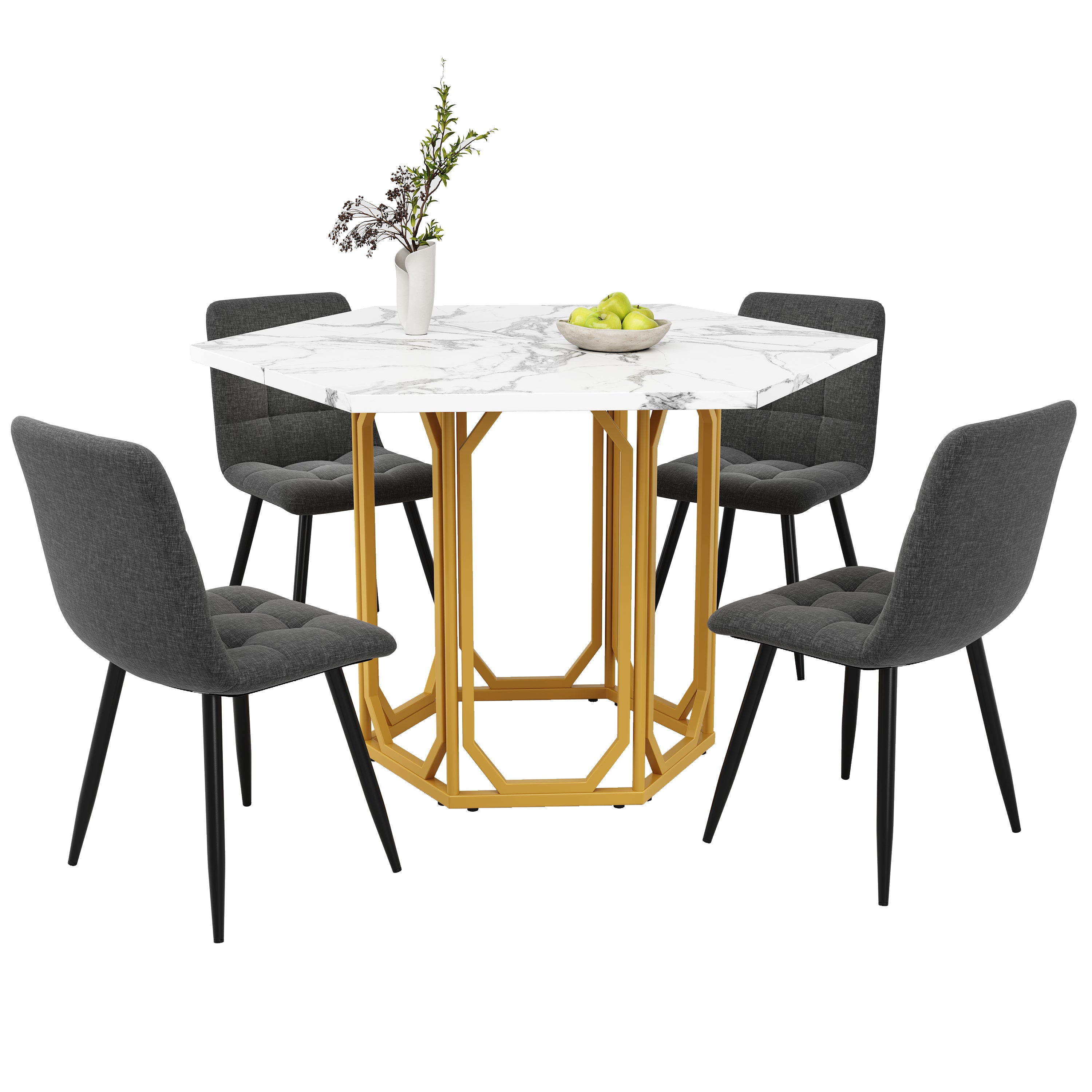 Dining Table Set 5-Piece Hexagonal Marble Top 4 Chairs, Grey
