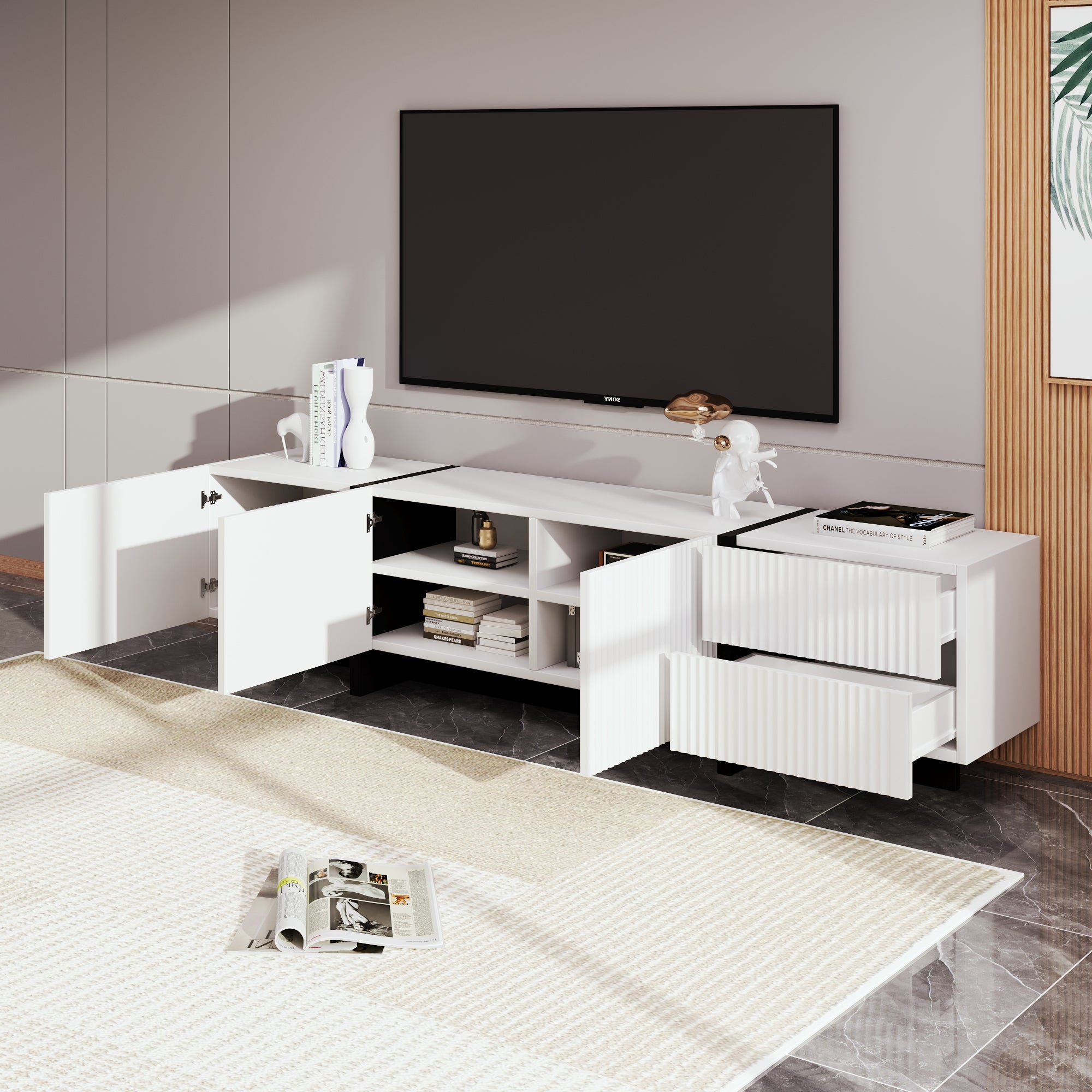 TV Cabinet 190cm 3 Doors 2 Drawers, Black and White