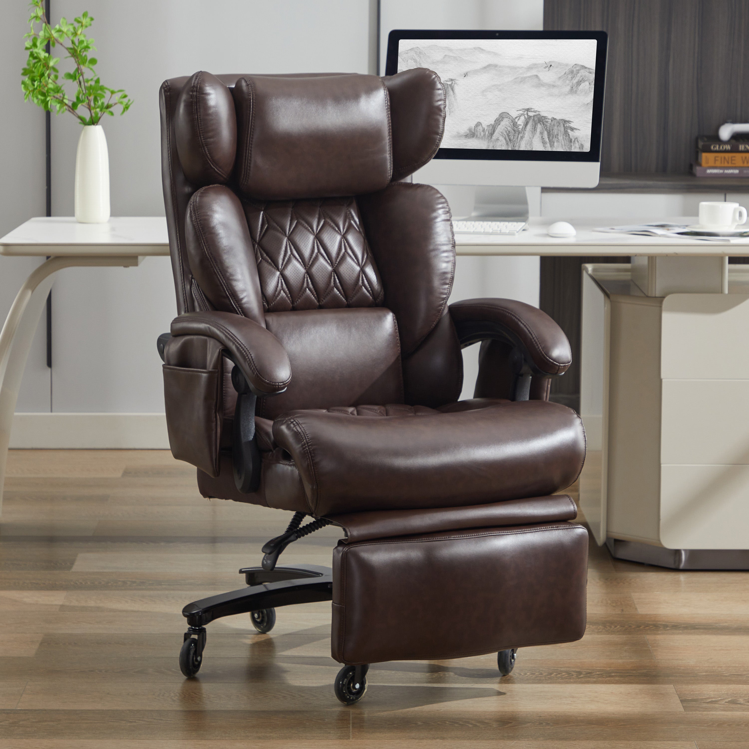 XXL Ergonomic Office Chair with Massage and Heating Function, Footrest and Adjustable Backrest, Brown PU Leather