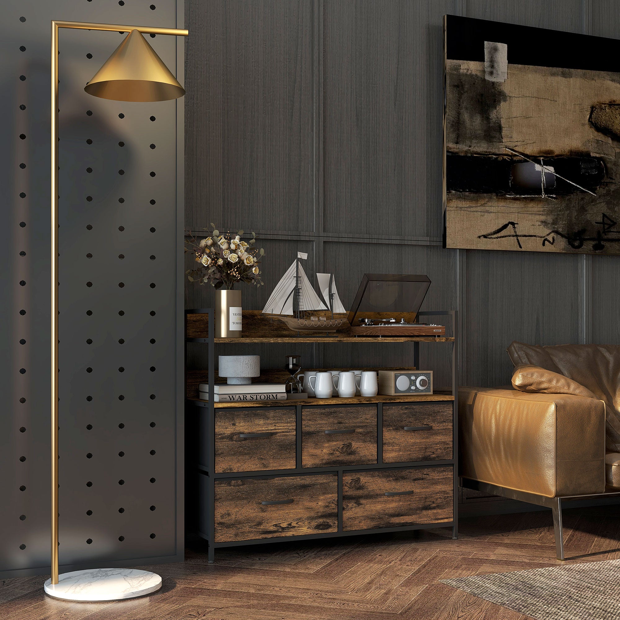 Chest of Five Fabric Drawers - Rustic Brown