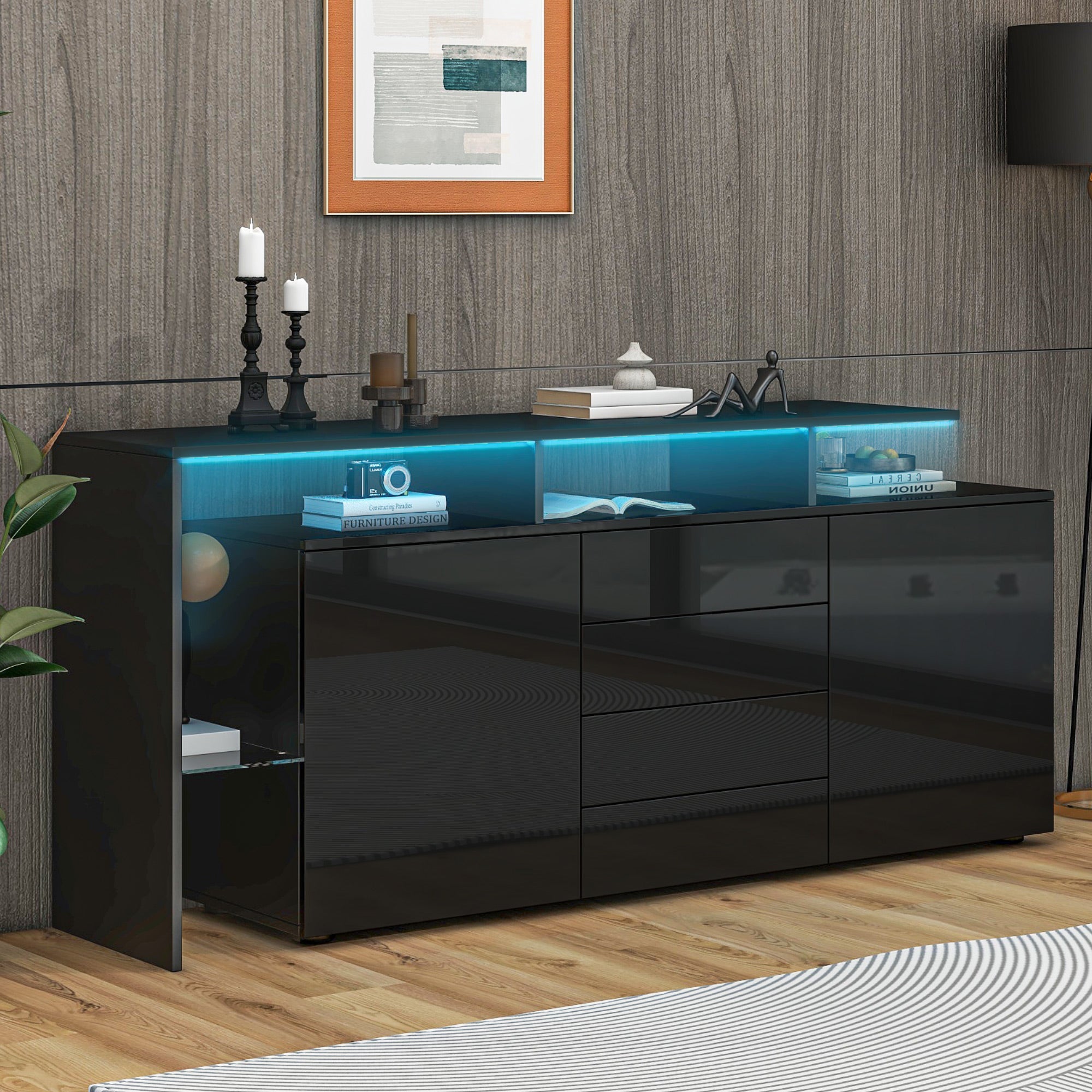 Highboard Sideboard with LED Lighting High-Gloss - Black