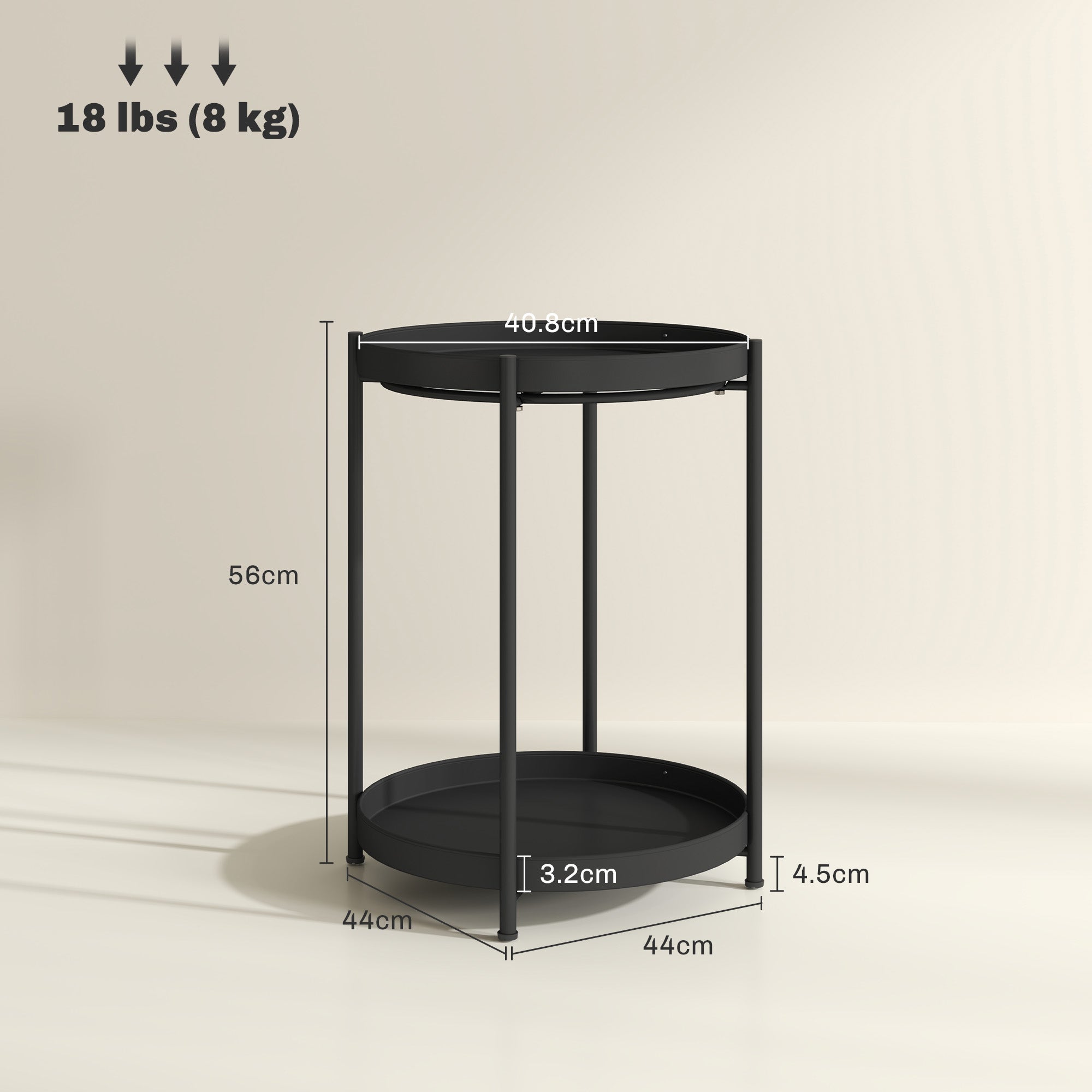 Side Table, 2 Shelves Round Coffee Table, Steel Black